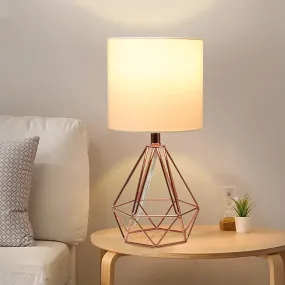 Depuley Modern Table Lamp for Bedroom, Geometric Bedside Lamp with Rose Gold Hollowed Out Metal Base and Fabric Shade, Nightstand Lamps for Living Room, Office