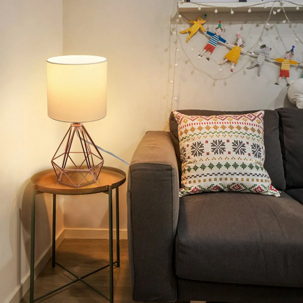 Depuley Modern Table Lamp for Bedroom, Geometric Bedside Lamp with Rose Gold Hollowed Out Metal Base and Fabric Shade, Nightstand Lamps for Living Room, Office