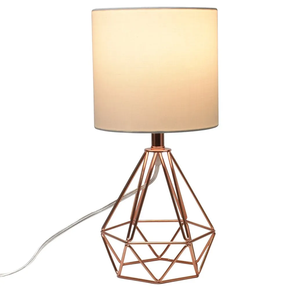 Depuley Modern Table Lamp for Bedroom, Geometric Bedside Lamp with Rose Gold Hollowed Out Metal Base and Fabric Shade, Nightstand Lamps for Living Room, Office