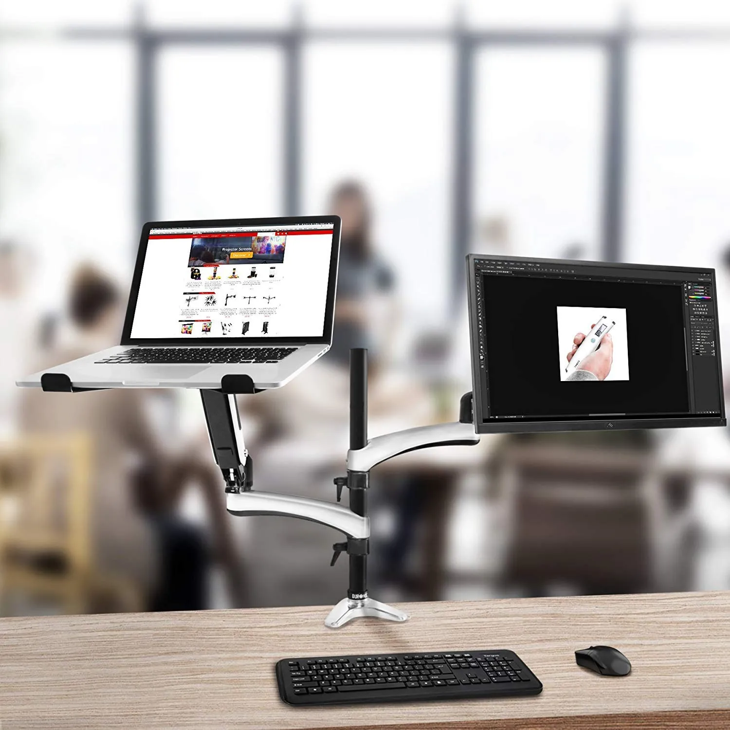 Duronic Desk Mount DM65L1X1 | Dual Gas-Powered Monitor Stand for 15-27 Inch LCD/LED PC/TV Screen and Laptop | Twin Arms | Adjustable Support | VESA 75/100 Bracket | Tilt 15-27-90°/ 85°,Swivel 180°,Rotate 360°