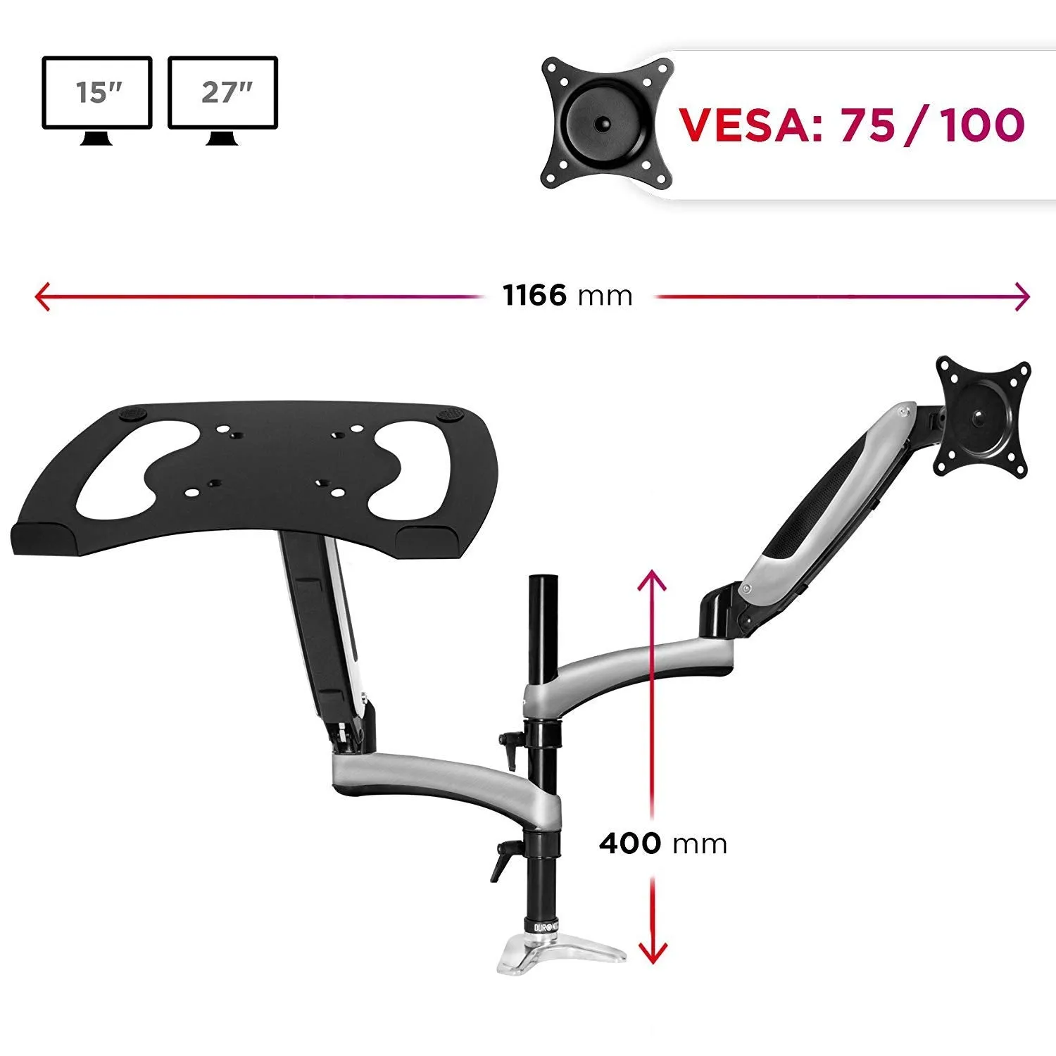 Duronic Desk Mount DM65L1X1 | Dual Gas-Powered Monitor Stand for 15-27 Inch LCD/LED PC/TV Screen and Laptop | Twin Arms | Adjustable Support | VESA 75/100 Bracket | Tilt 15-27-90°/ 85°,Swivel 180°,Rotate 360°