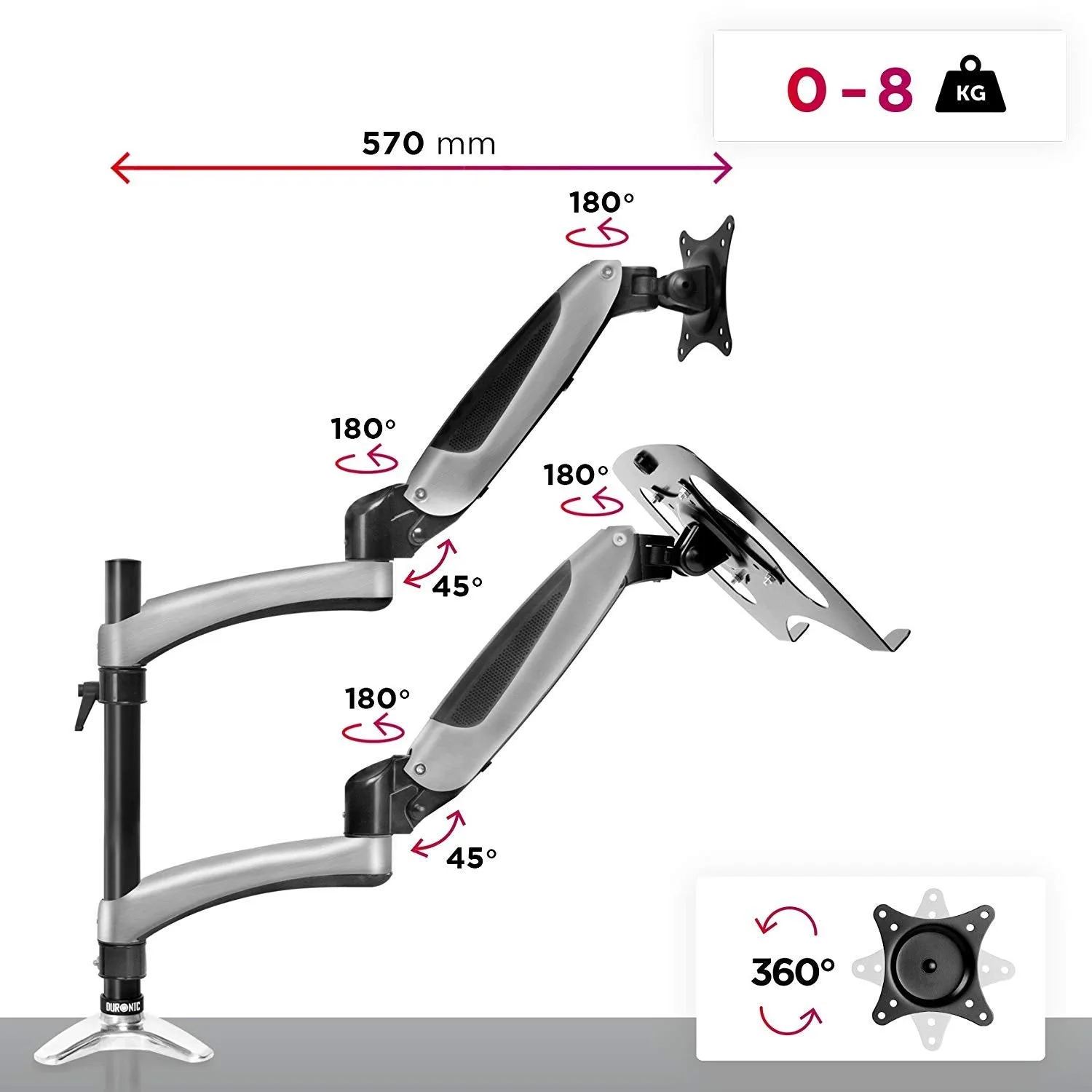 Duronic Desk Mount DM65L1X1 | Dual Gas-Powered Monitor Stand for 15-27 Inch LCD/LED PC/TV Screen and Laptop | Twin Arms | Adjustable Support | VESA 75/100 Bracket | Tilt 15-27-90°/ 85°,Swivel 180°,Rotate 360°