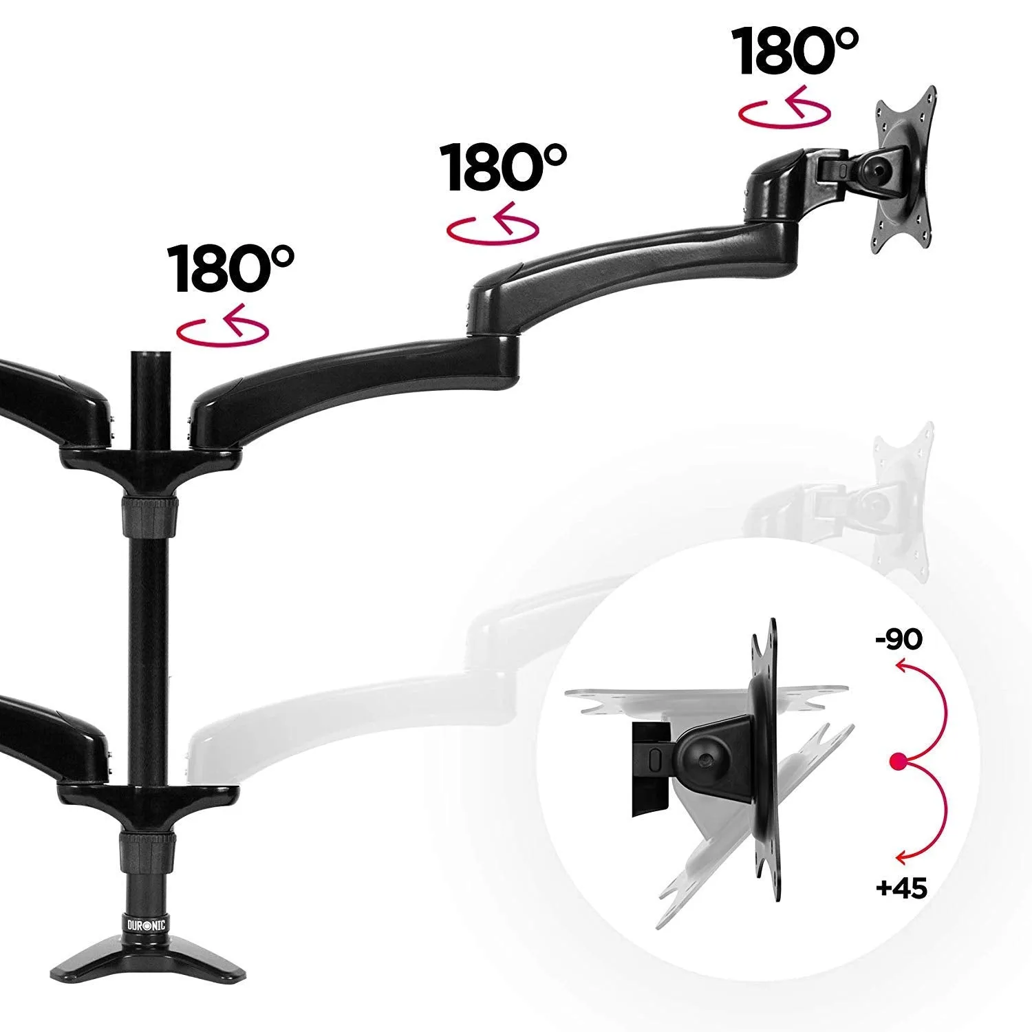 Duronic Monitor Arm Stand DM454 | Quad PC Desk Mount | Aluminium | Height Adjustable | For Four 15-27 LED LCD Screens | VESA 75/100 | 5kg Per Screen | Tilt -90°/ 45°, Rotate 360°