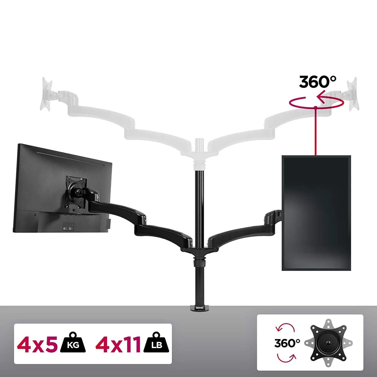 Duronic Monitor Arm Stand DM454 | Quad PC Desk Mount | Aluminium | Height Adjustable | For Four 15-27 LED LCD Screens | VESA 75/100 | 5kg Per Screen | Tilt -90°/ 45°, Rotate 360°