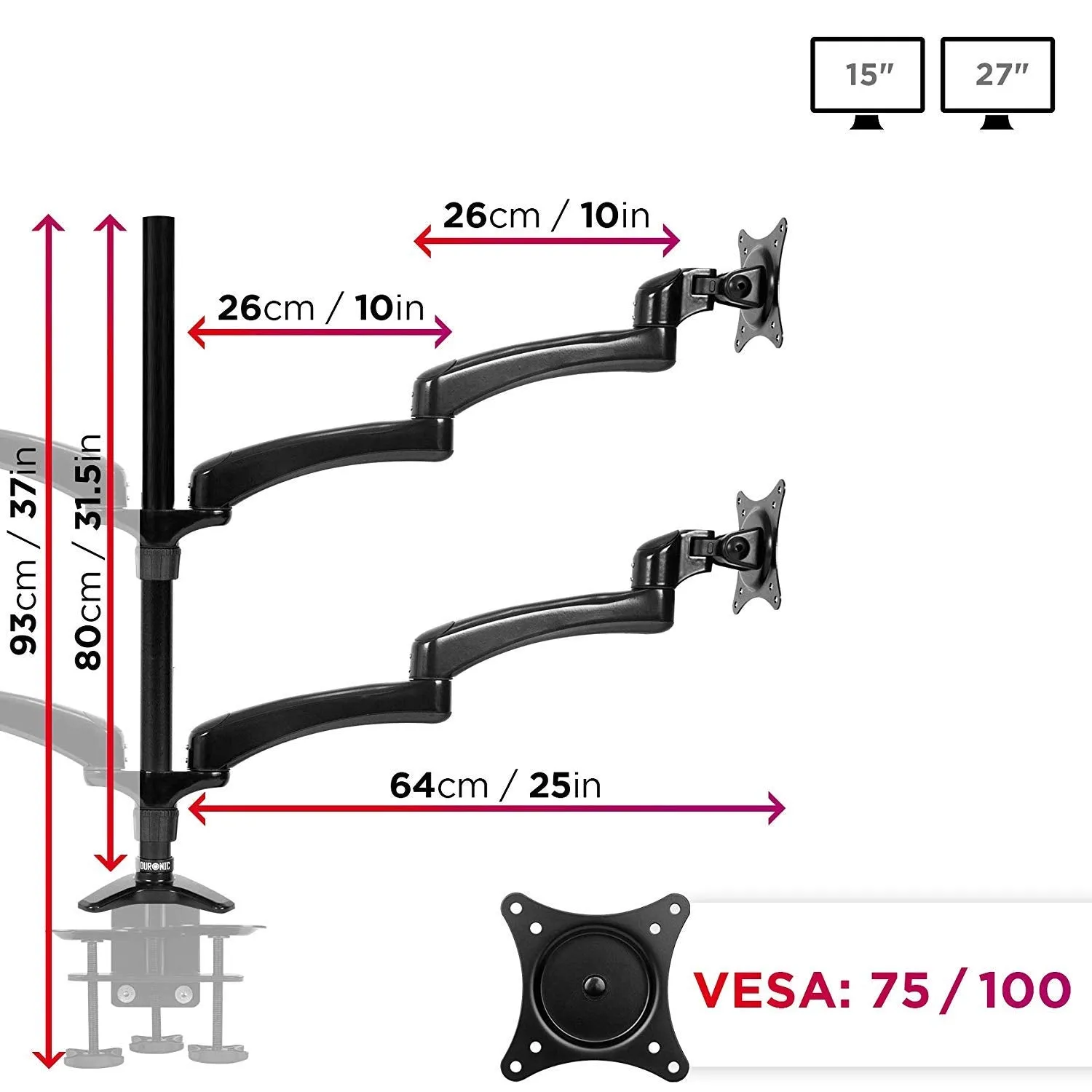 Duronic Monitor Arm Stand DM454 | Quad PC Desk Mount | Aluminium | Height Adjustable | For Four 15-27 LED LCD Screens | VESA 75/100 | 5kg Per Screen | Tilt -90°/ 45°, Rotate 360°