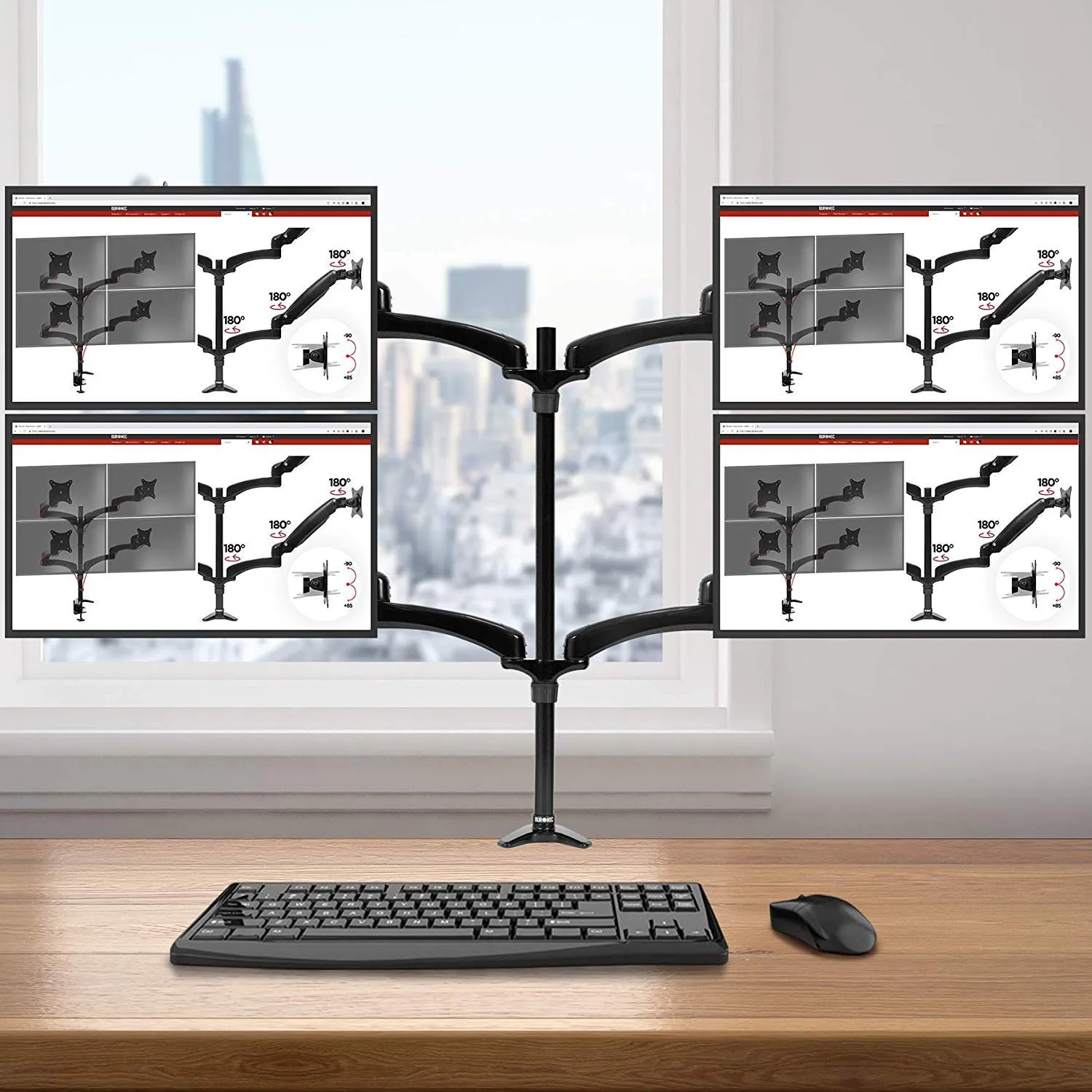 Duronic Monitor Arm Stand DM454 | Quad PC Desk Mount | Aluminium | Height Adjustable | For Four 15-27 LED LCD Screens | VESA 75/100 | 5kg Per Screen | Tilt -90°/ 45°, Rotate 360°