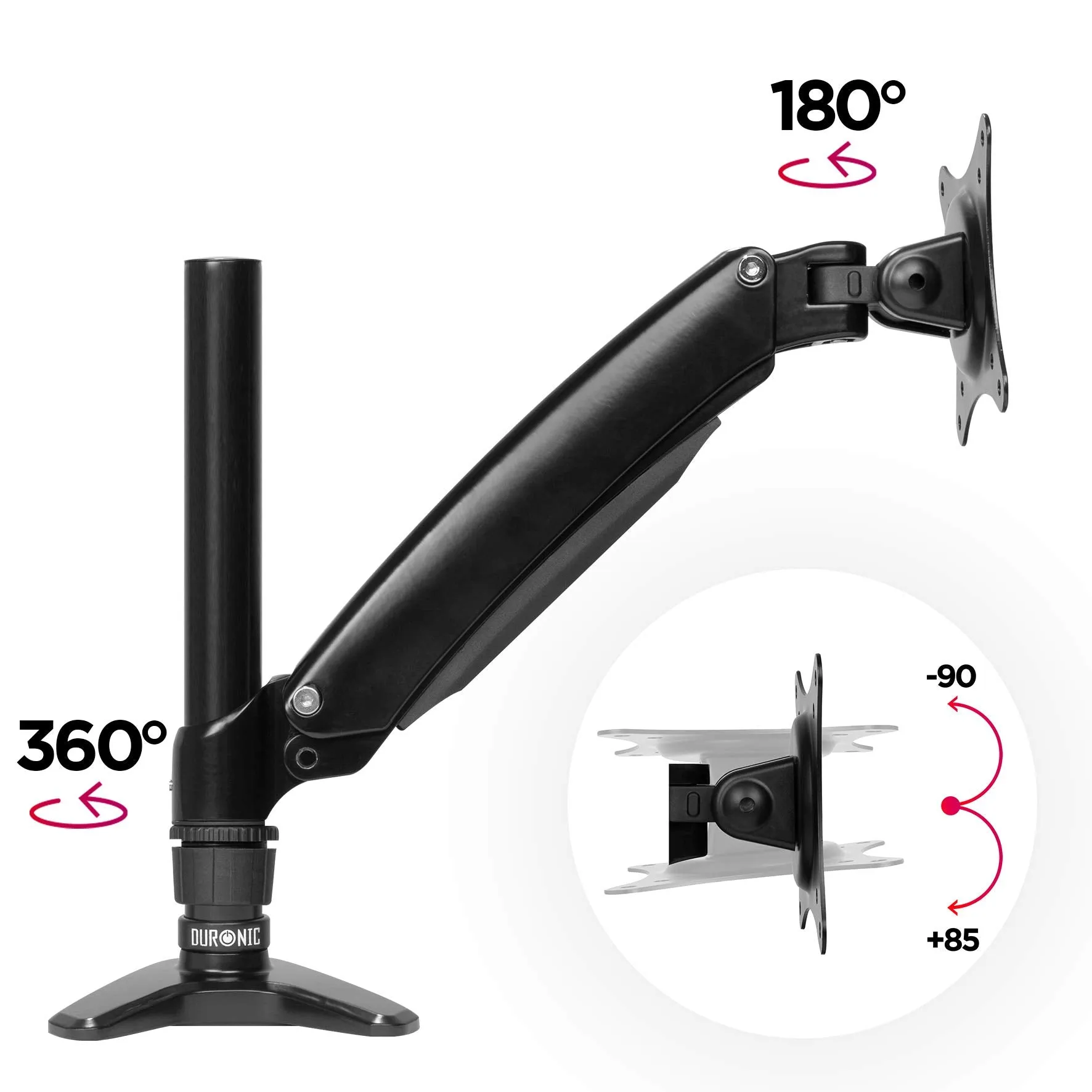 Duronic Monitor Arm Stand DM551X1 | Single PC Desk Mount | BLACK | Aluminium | Height Adjustable | For One 15-27 LED LCD Screen | VESA 75/100 | 7.8kg Capacity | Tilt -90°/ 85°,Swivel 180°,Rotate 360°