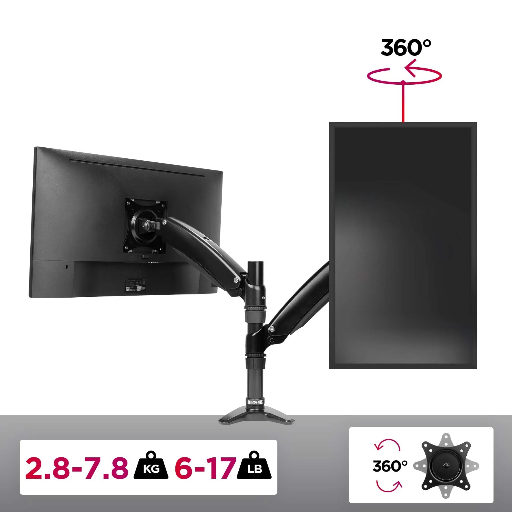 Duronic Monitor Arm Stand DM551X2 | Single PC Desk Mount | BLACK | Aluminium | Height Adjustable | For One 15-27 LED LCD Screen | VESA 75/100 | 7.8kg Capacity | Tilt -90°/ 85°,Swivel 180°,Rotate 360°