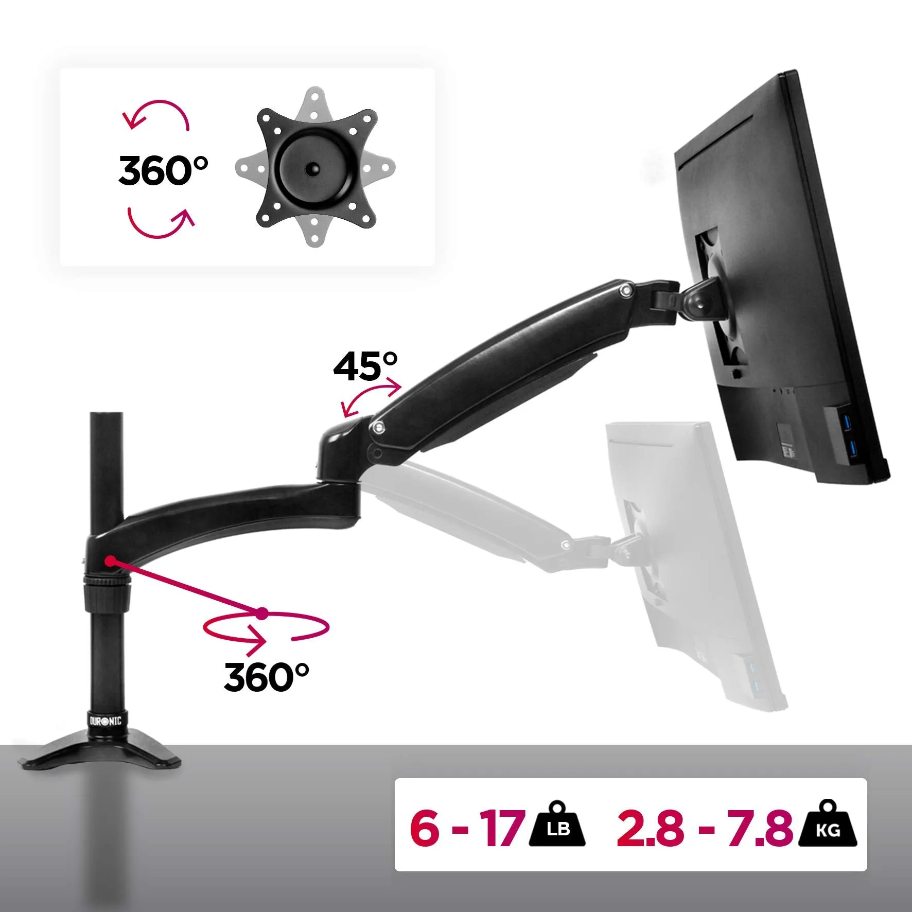 Duronic Monitor Arm Stand DM551X2 | Single PC Desk Mount | BLACK | Aluminium | Height Adjustable | For One 15-27 LED LCD Screen | VESA 75/100 | 7.8kg Capacity | Tilt -90°/ 85°,Swivel 180°,Rotate 360°