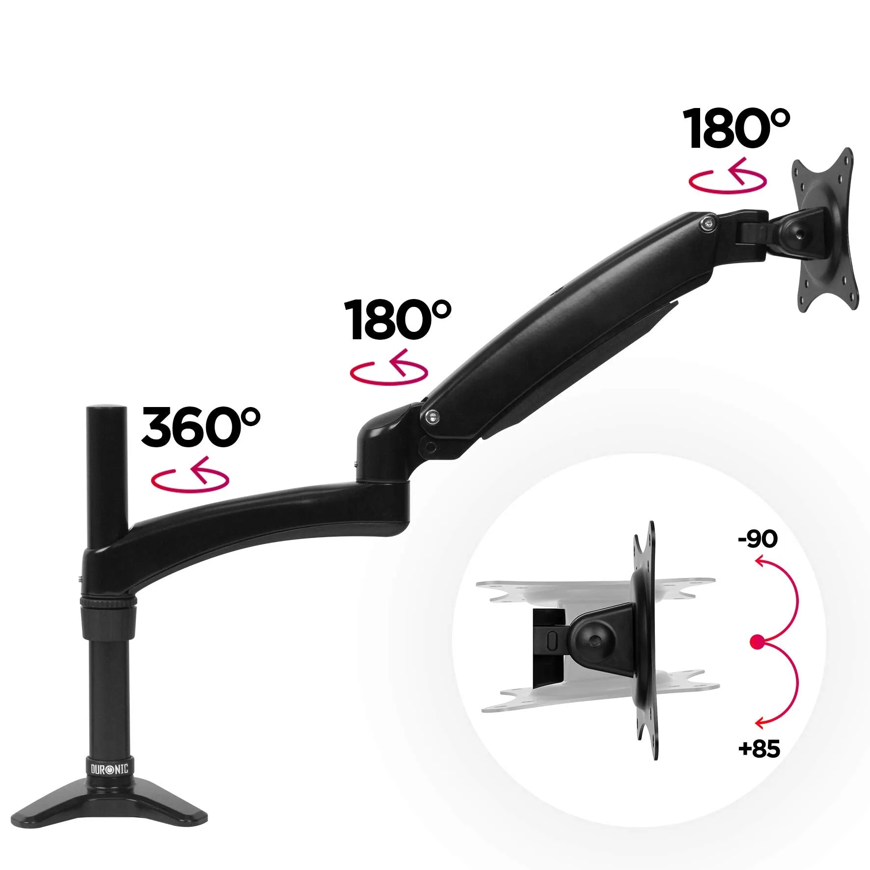 Duronic Monitor Arm Stand DM551X2 | Single PC Desk Mount | BLACK | Aluminium | Height Adjustable | For One 15-27 LED LCD Screen | VESA 75/100 | 7.8kg Capacity | Tilt -90°/ 85°,Swivel 180°,Rotate 360°