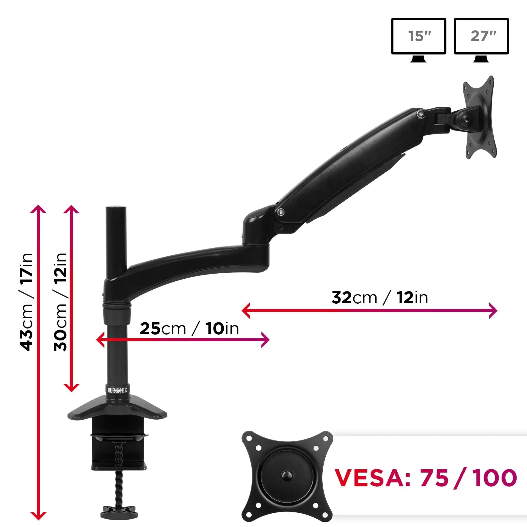 Duronic Monitor Arm Stand DM551X2 | Single PC Desk Mount | BLACK | Aluminium | Height Adjustable | For One 15-27 LED LCD Screen | VESA 75/100 | 7.8kg Capacity | Tilt -90°/ 85°,Swivel 180°,Rotate 360°