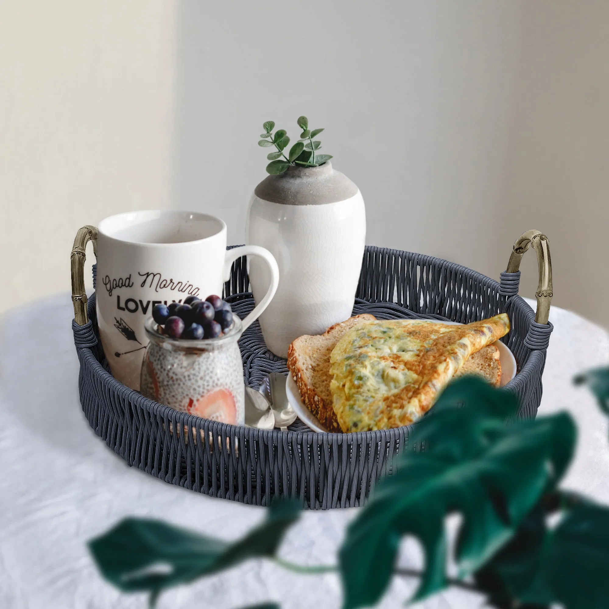 ELE LIGHT & DECOR Outdoor/Indoor Decorative Black Wicker Serving Tray Handle