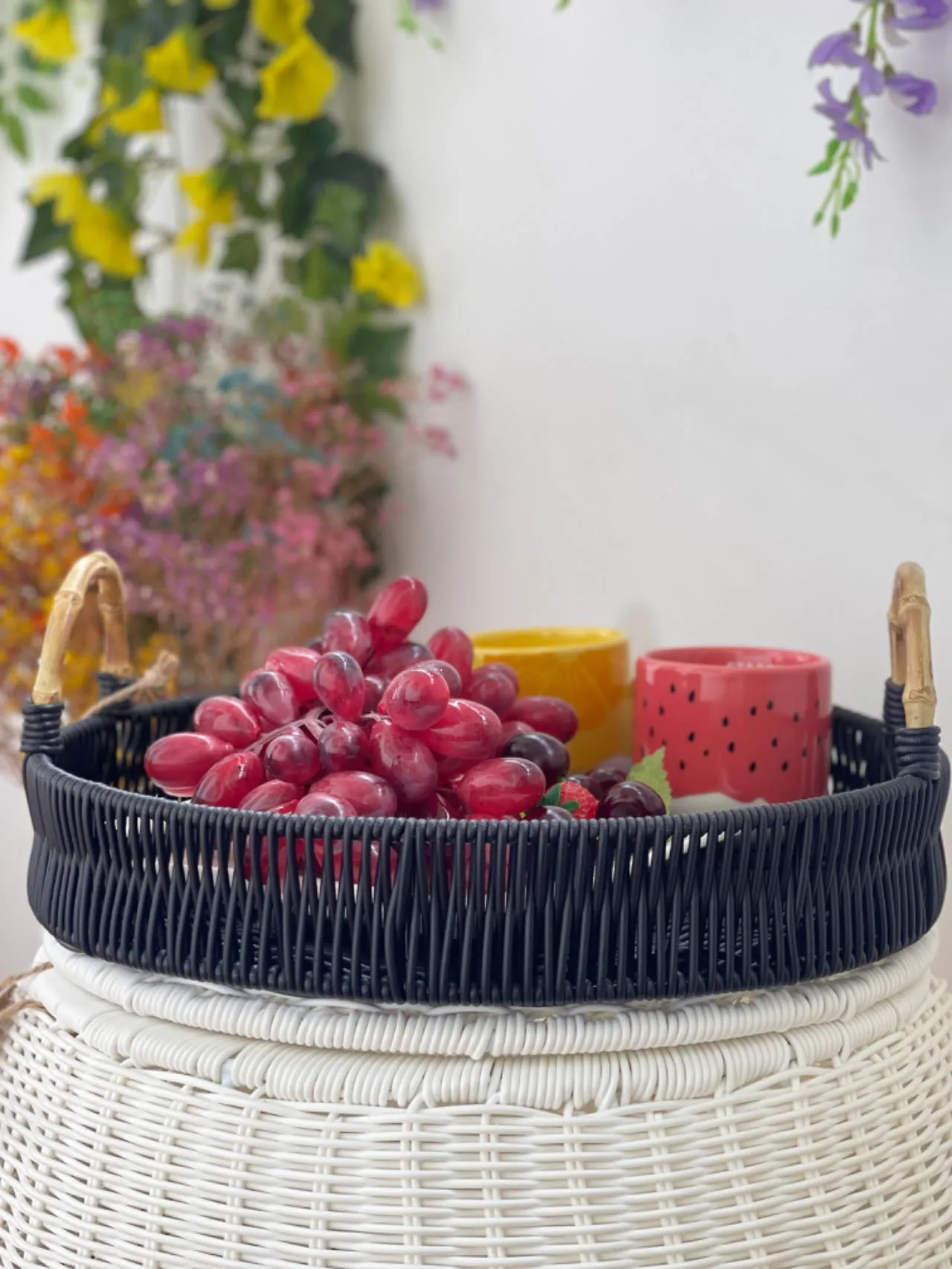 ELE LIGHT & DECOR Outdoor/Indoor Decorative Black Wicker Serving Tray Handle