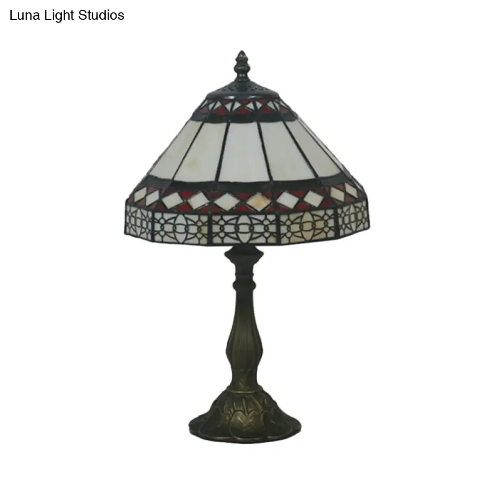 Julie - Bronze 1 Light Task Lighting Mission Conical Stained Art Glass Diamond Patterned Night Table Lamp in Bronze