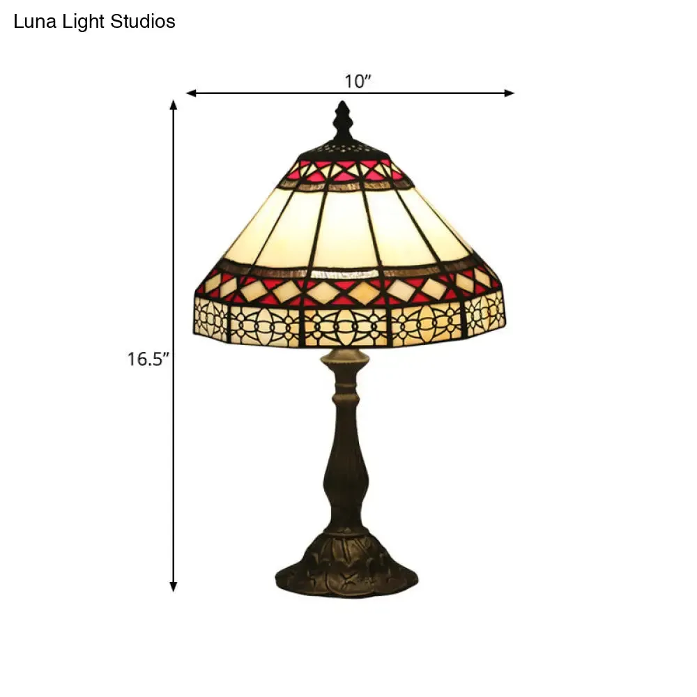 Julie - Bronze 1 Light Task Lighting Mission Conical Stained Art Glass Diamond Patterned Night Table Lamp in Bronze