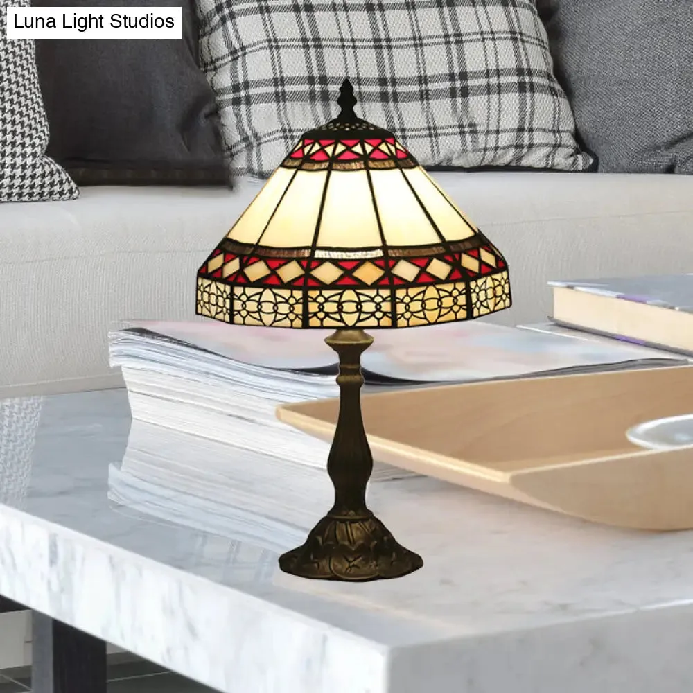 Julie - Bronze 1 Light Task Lighting Mission Conical Stained Art Glass Diamond Patterned Night Table Lamp in Bronze