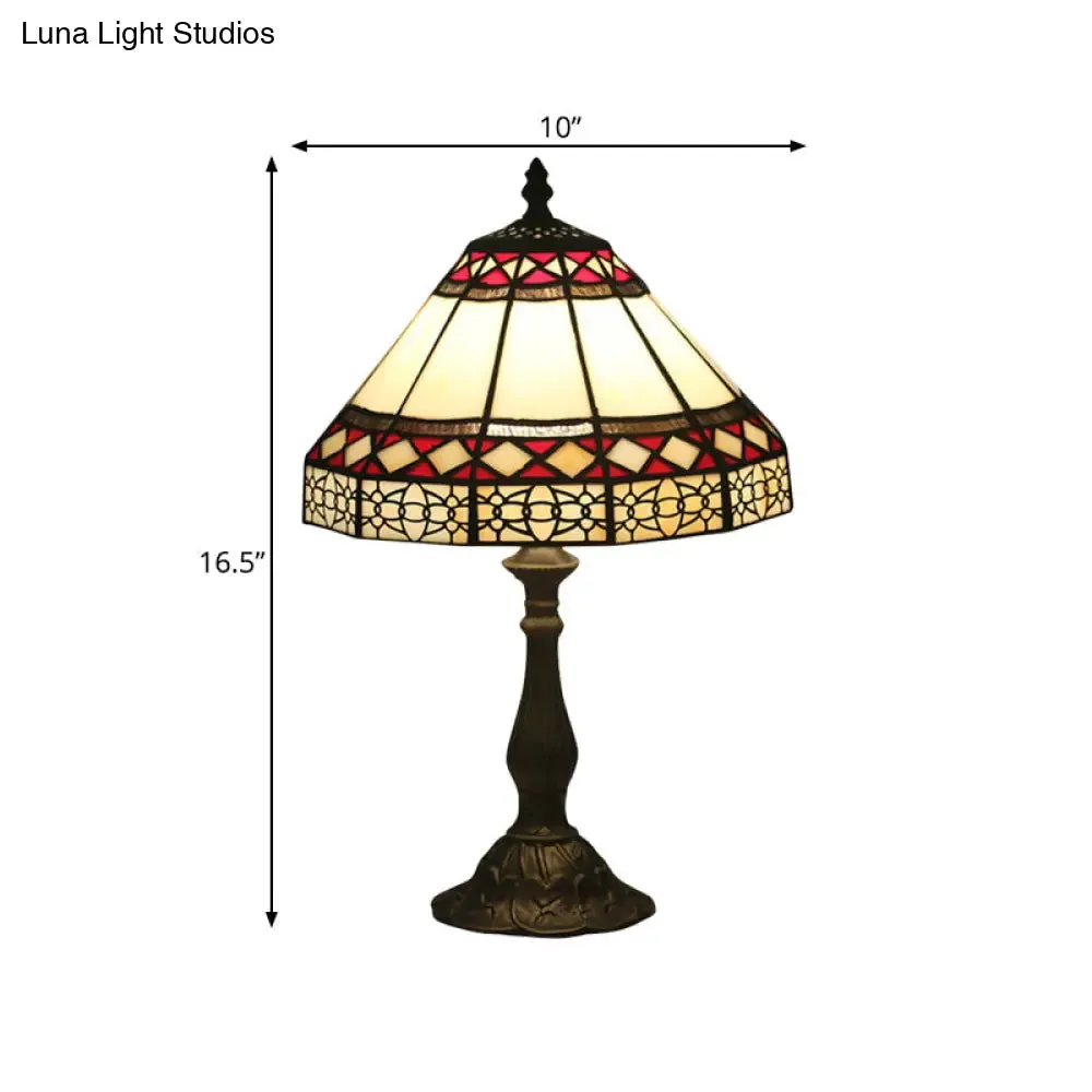 Julie - Bronze 1 Light Task Lighting Mission Conical Stained Art Glass Diamond Patterned Night Table Lamp in Bronze