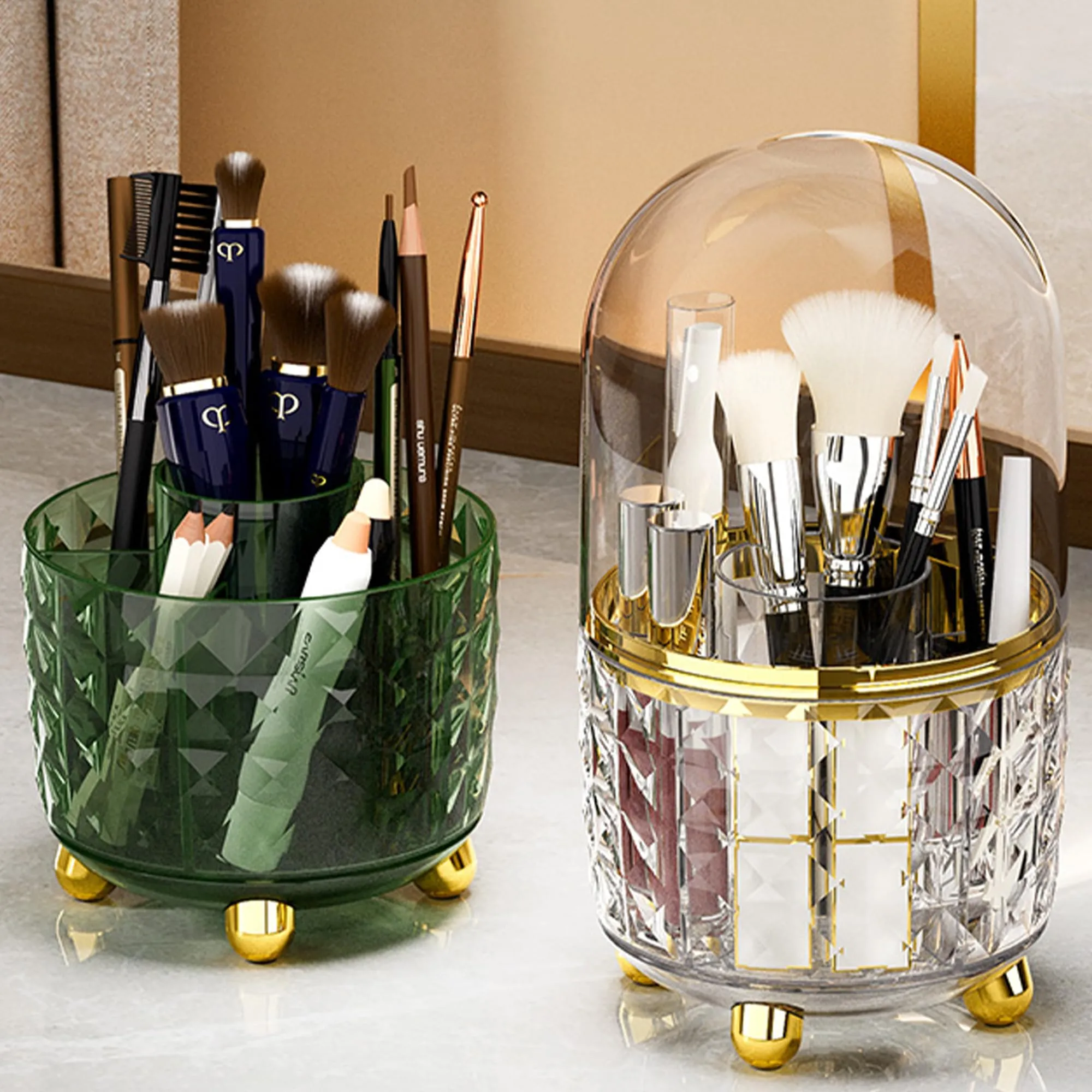 Kuber Industries Multipurpose Storage Holder | Decorative Crystal Finish Stylish Look | Makeup Brush Holder | Desk Storage Container | YM.6698T | Transparent Gold