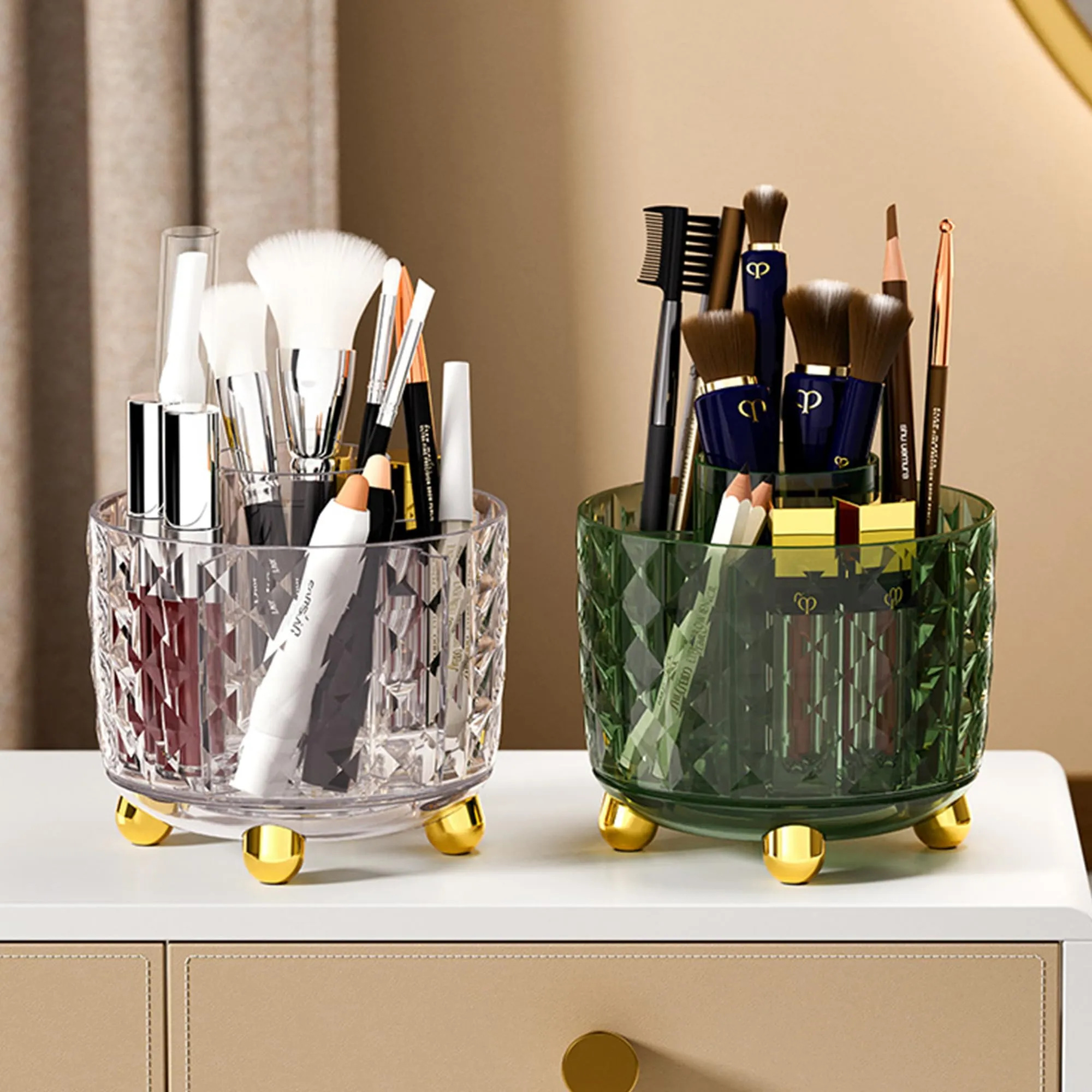 Kuber Industries Multipurpose Storage Holder | Decorative Crystal Finish Stylish Look | Makeup Brush Holder | Desk Storage Container | YM.6698T | Transparent Gold