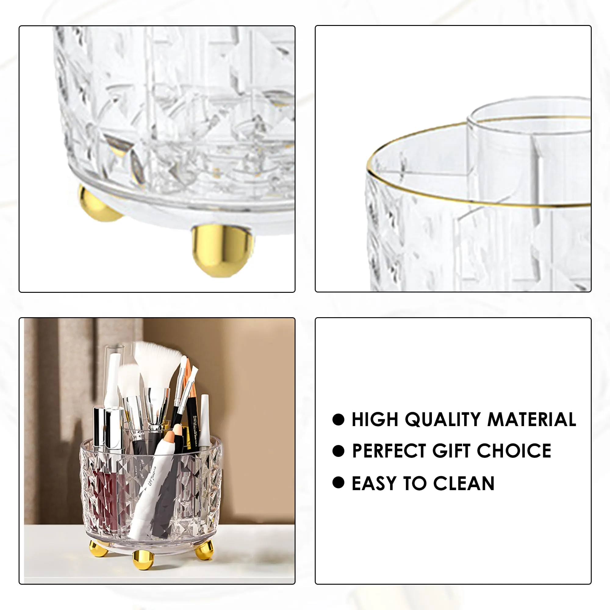 Kuber Industries Multipurpose Storage Holder | Decorative Crystal Finish Stylish Look | Makeup Brush Holder | Desk Storage Container | YM.6698T | Transparent Gold