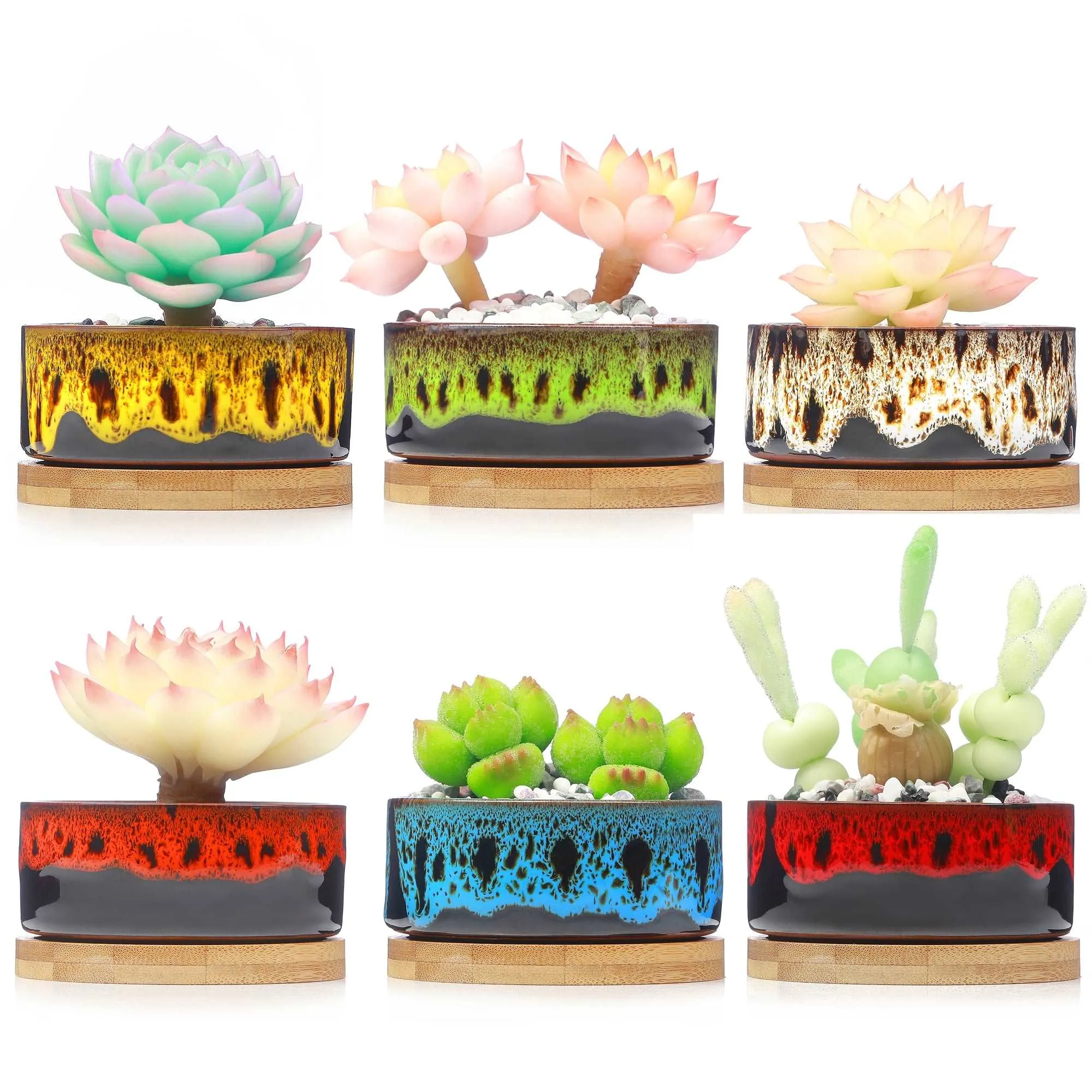 LAMDAWN Cute Ceramic Succulent Garden Pots, Planter with Drainage and Attached Saucer, Set of 5 -Plants Not Included (Vivid Round Colors)