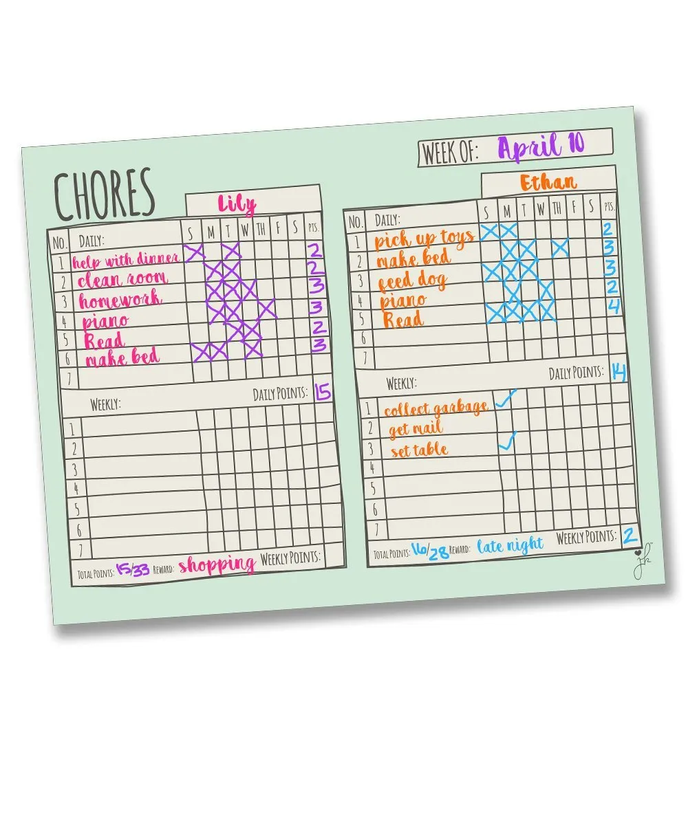Magnetic Multiple Child Chore Chart - Sketch Design