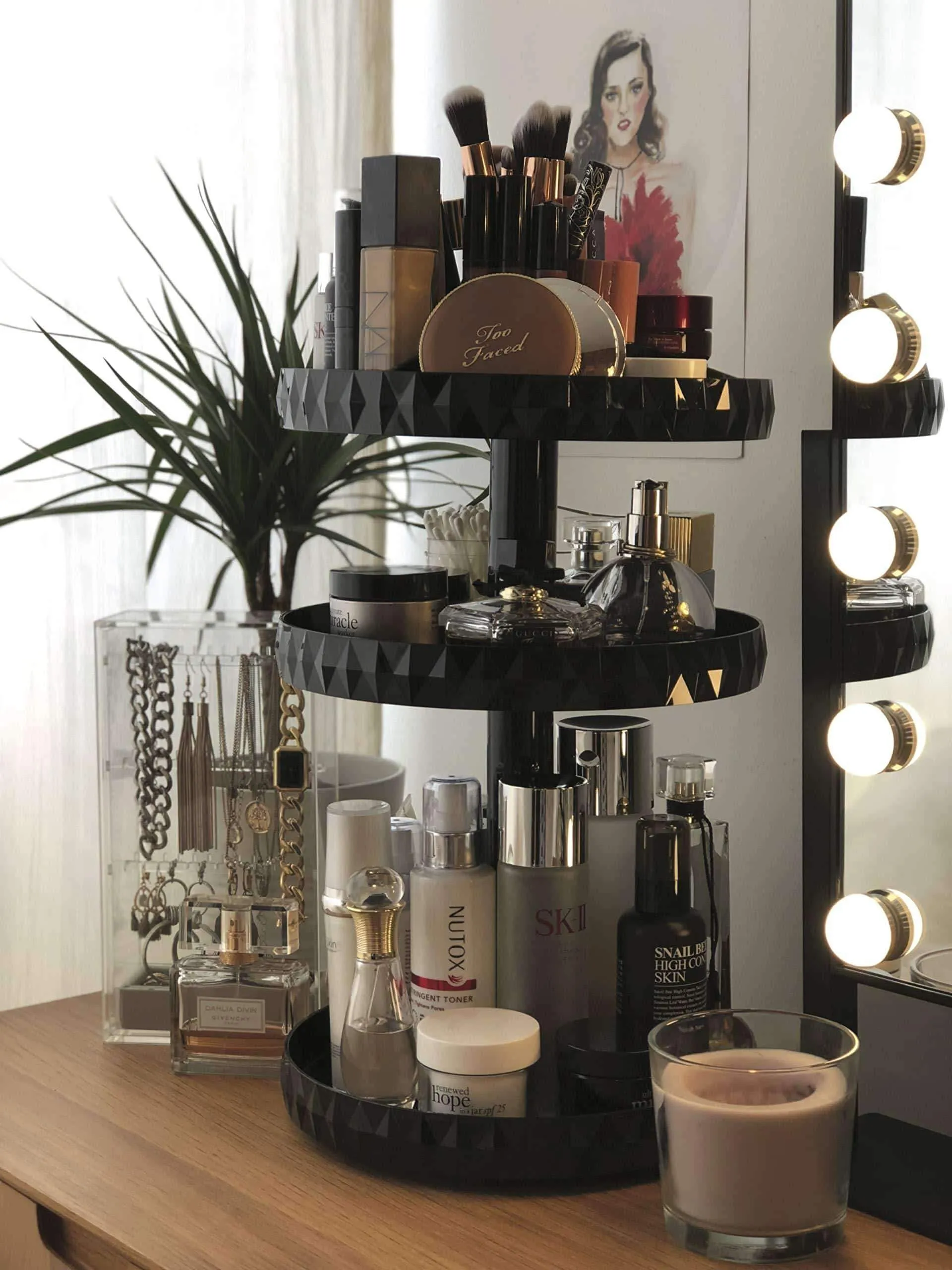 Modern Chic Makeup Organizer | 360 Rotation | Black | Adjustable Height | 3 Layers Storage | Fit Makeup, Lipstick, Cosmetic, Skincare & Perfume | Perfect On Dresser, Bedroom & Bathroom Countertop