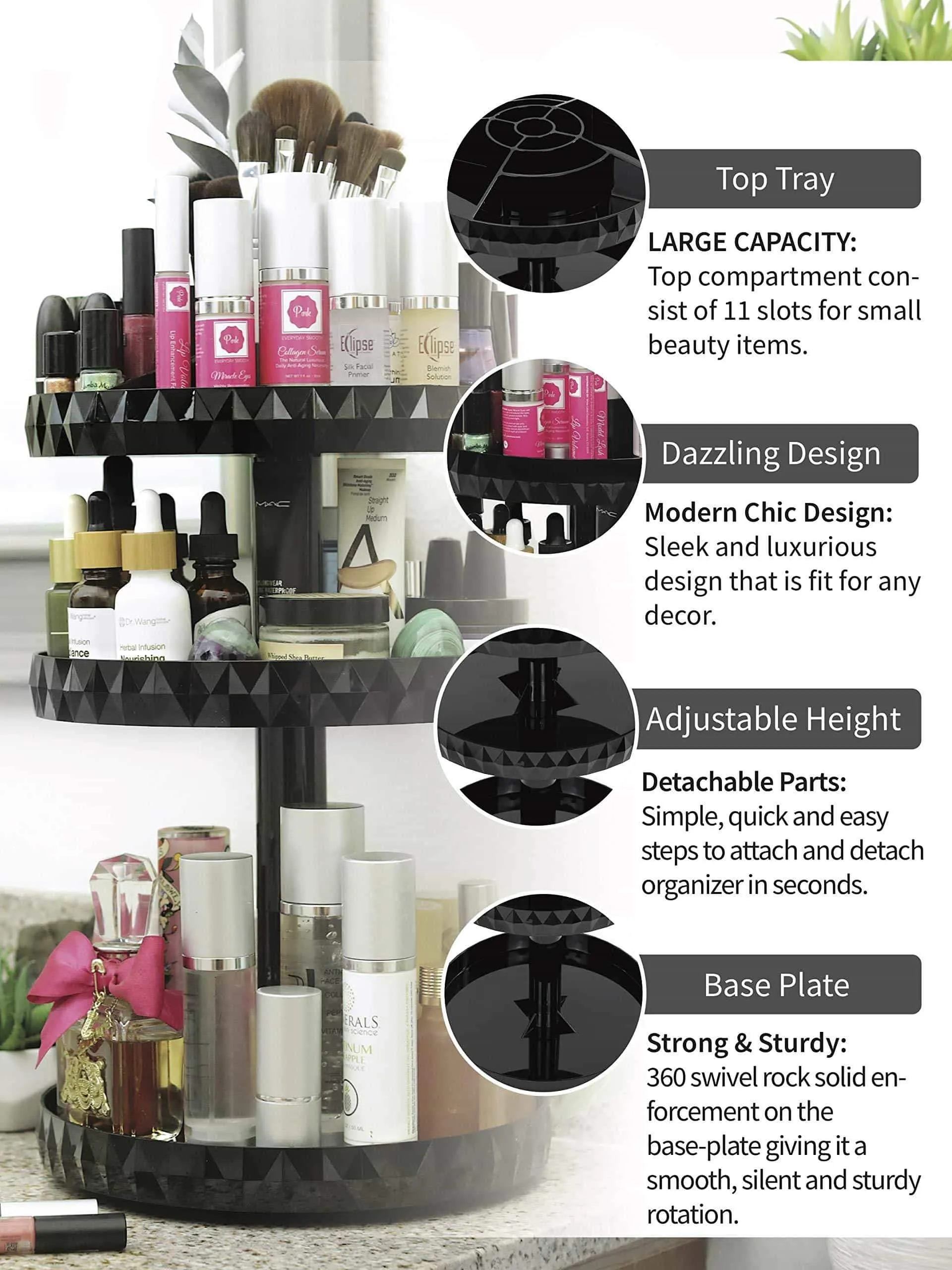 Modern Chic Makeup Organizer | 360 Rotation | Black | Adjustable Height | 3 Layers Storage | Fit Makeup, Lipstick, Cosmetic, Skincare & Perfume | Perfect On Dresser, Bedroom & Bathroom Countertop