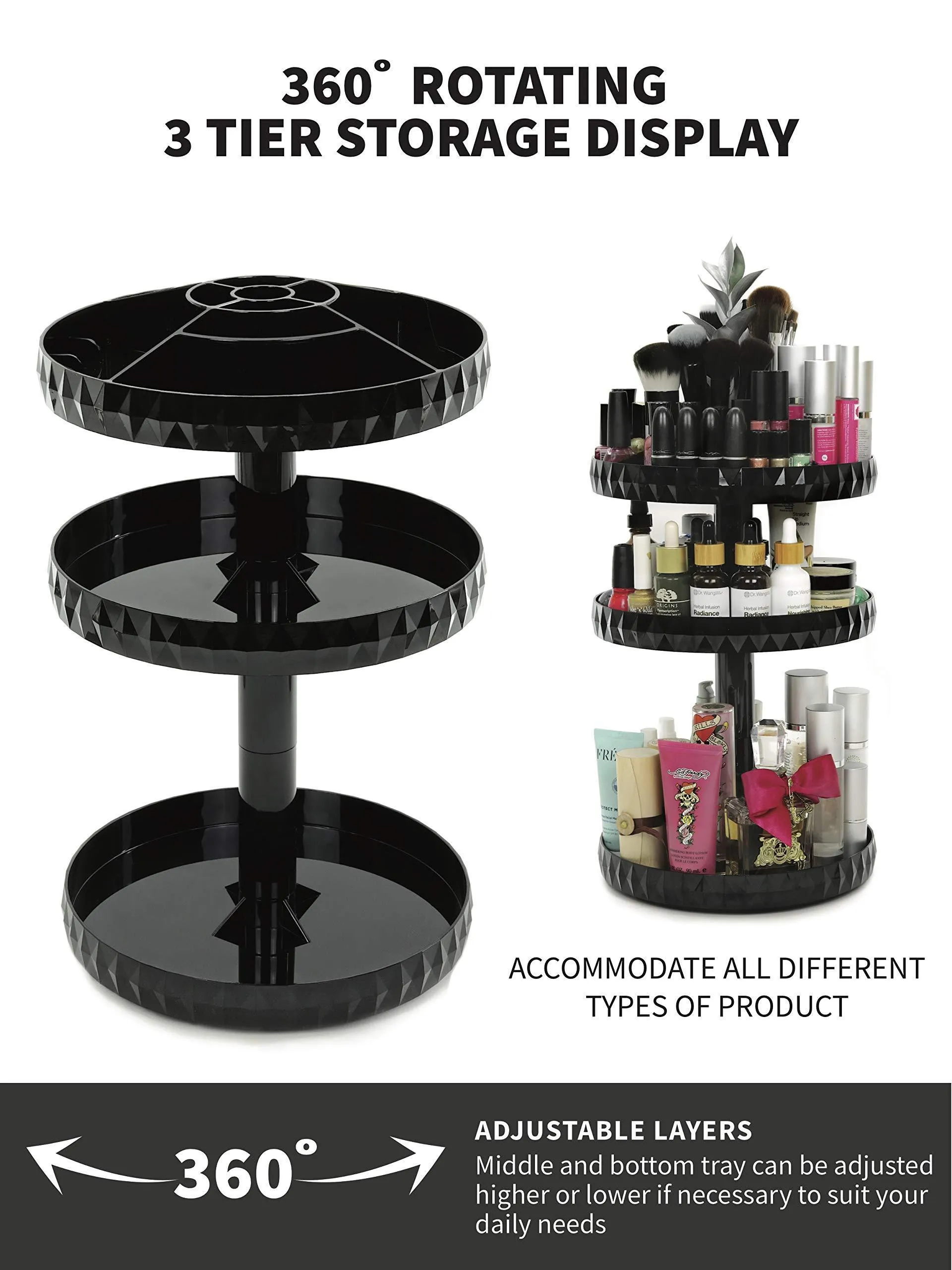 Modern Chic Makeup Organizer | 360 Rotation | Black | Adjustable Height | 3 Layers Storage | Fit Makeup, Lipstick, Cosmetic, Skincare & Perfume | Perfect On Dresser, Bedroom & Bathroom Countertop