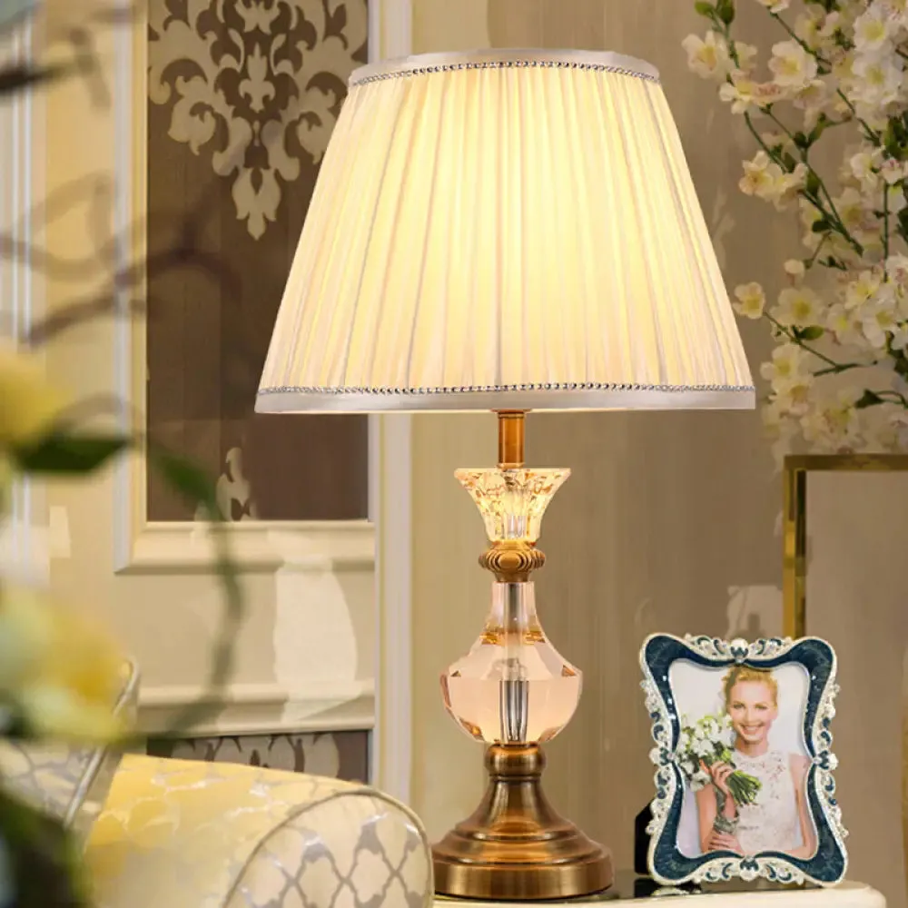 Modern Crystal Jar Desk Lamp with Fabric Cone Shade - Beige, 1-Bulb Table Light