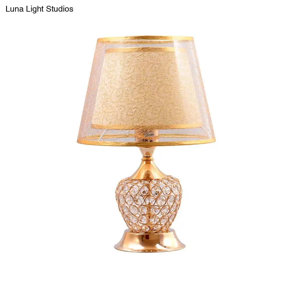 Modern Gold Desk Lamp with Crystal Bead - Small Flared Shade, Fabric Flair - 1 Head