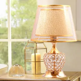 Modern Gold Desk Lamp with Crystal Bead - Small Flared Shade, Fabric Flair - 1 Head
