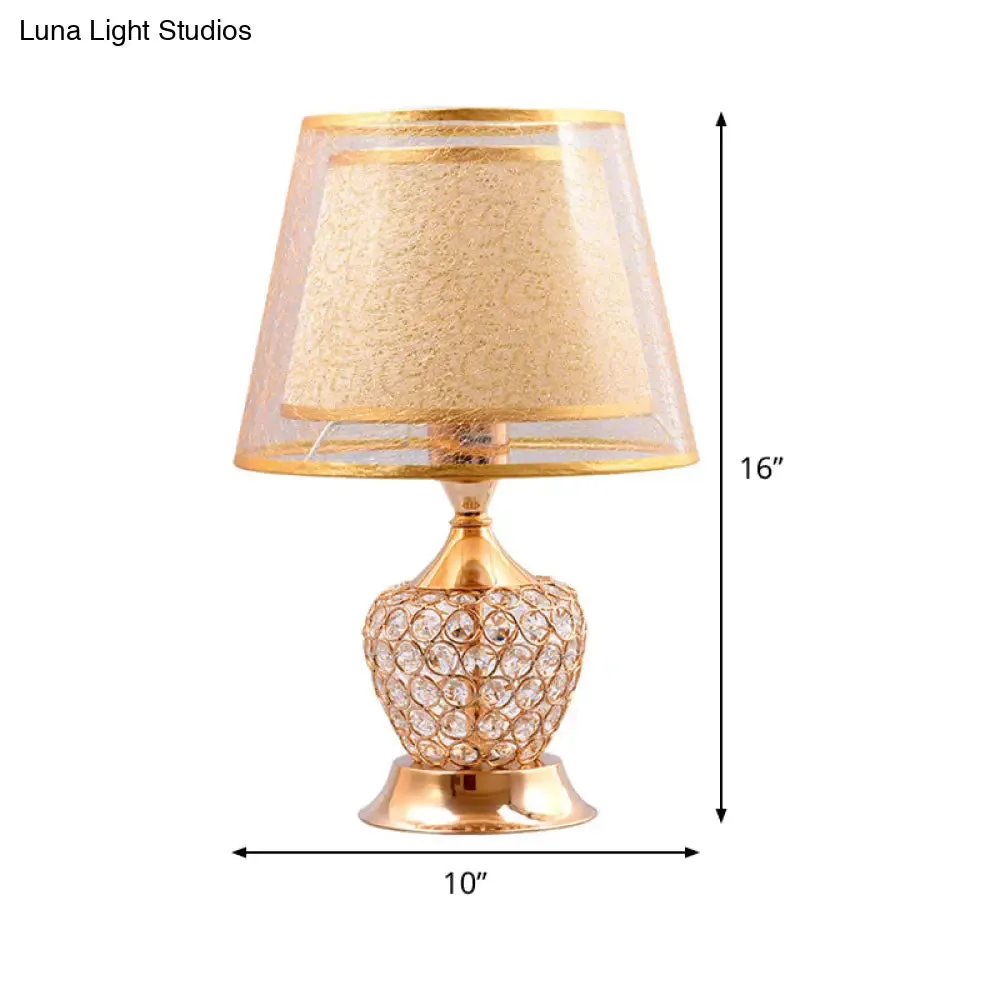 Modern Gold Desk Lamp with Crystal Bead - Small Flared Shade, Fabric Flair - 1 Head
