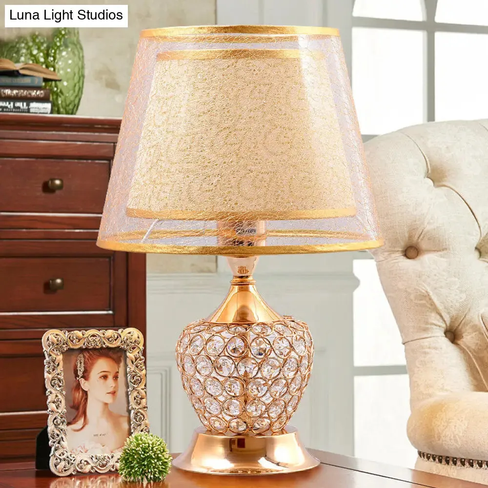 Modern Gold Desk Lamp with Crystal Bead - Small Flared Shade, Fabric Flair - 1 Head