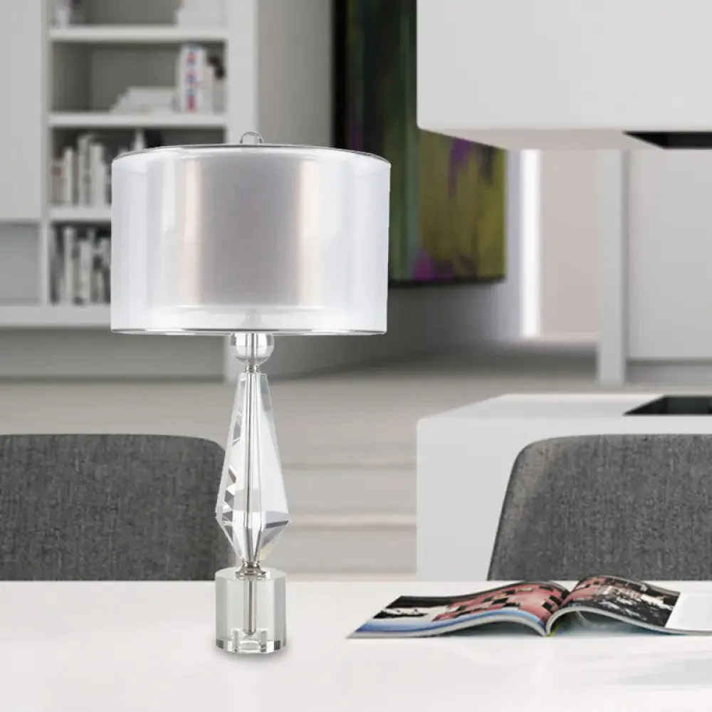 Modernist White Fabric Desk Light with Crystal Base - 1 Bulb Night Table Lamp