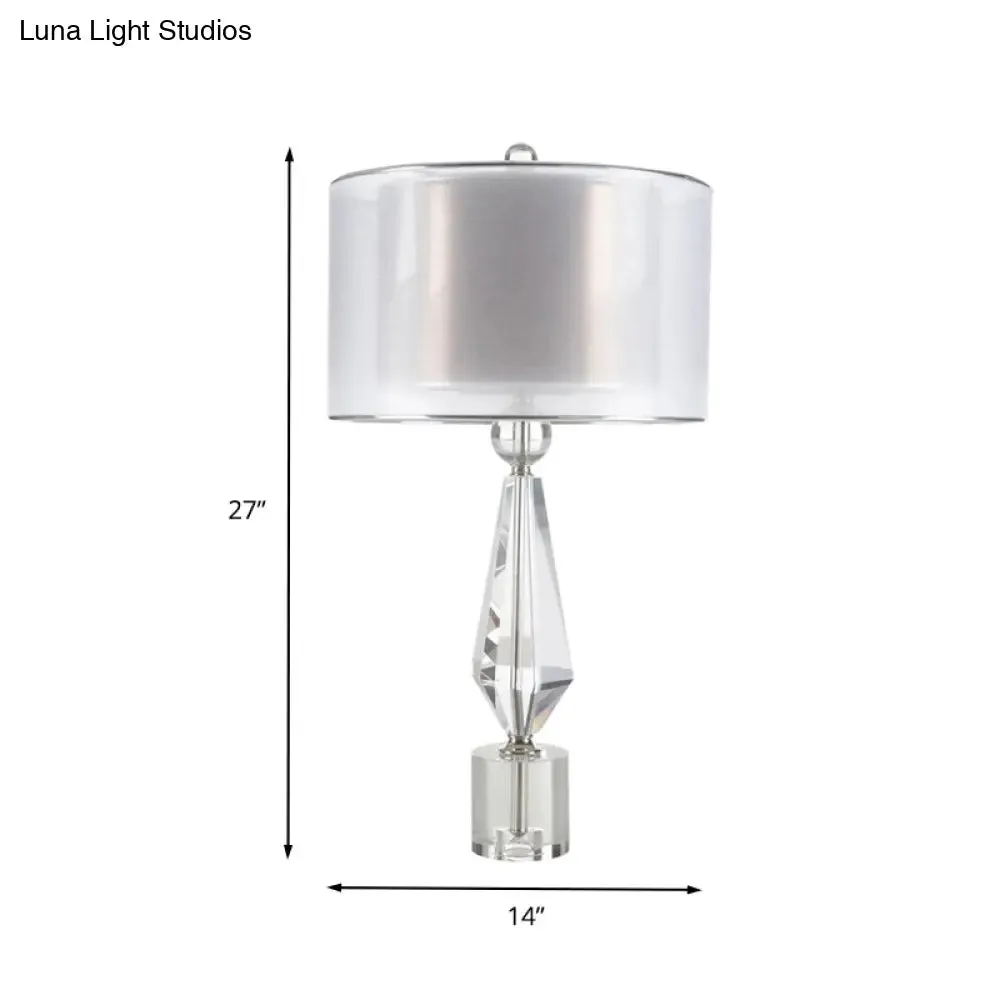 Modernist White Fabric Desk Light with Crystal Base - 1 Bulb Night Table Lamp