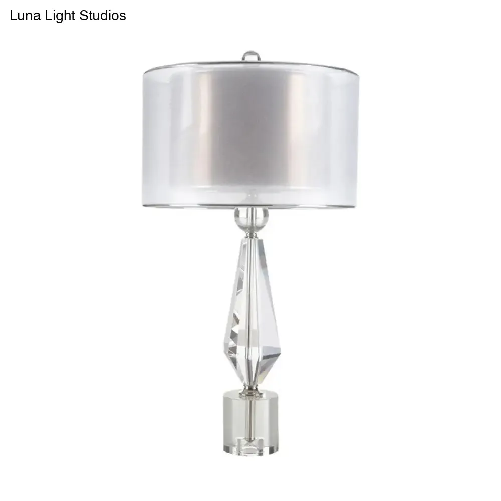 Modernist White Fabric Desk Light with Crystal Base - 1 Bulb Night Table Lamp