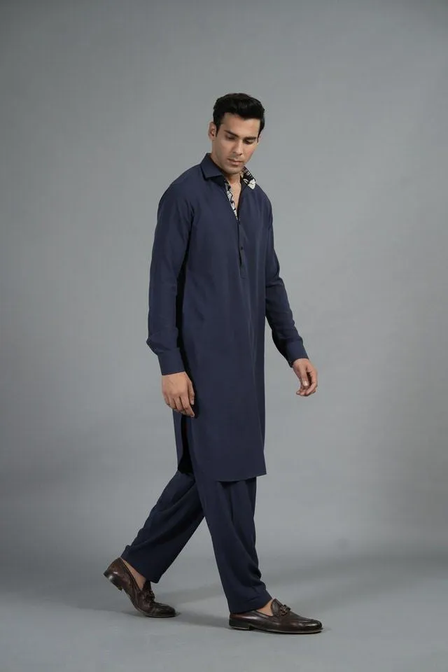 Navy Blue Shalwar Kameez With White Leaf SQ-11