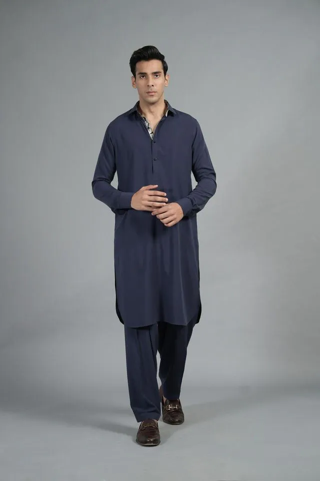 Navy Blue Shalwar Kameez With White Leaf SQ-11