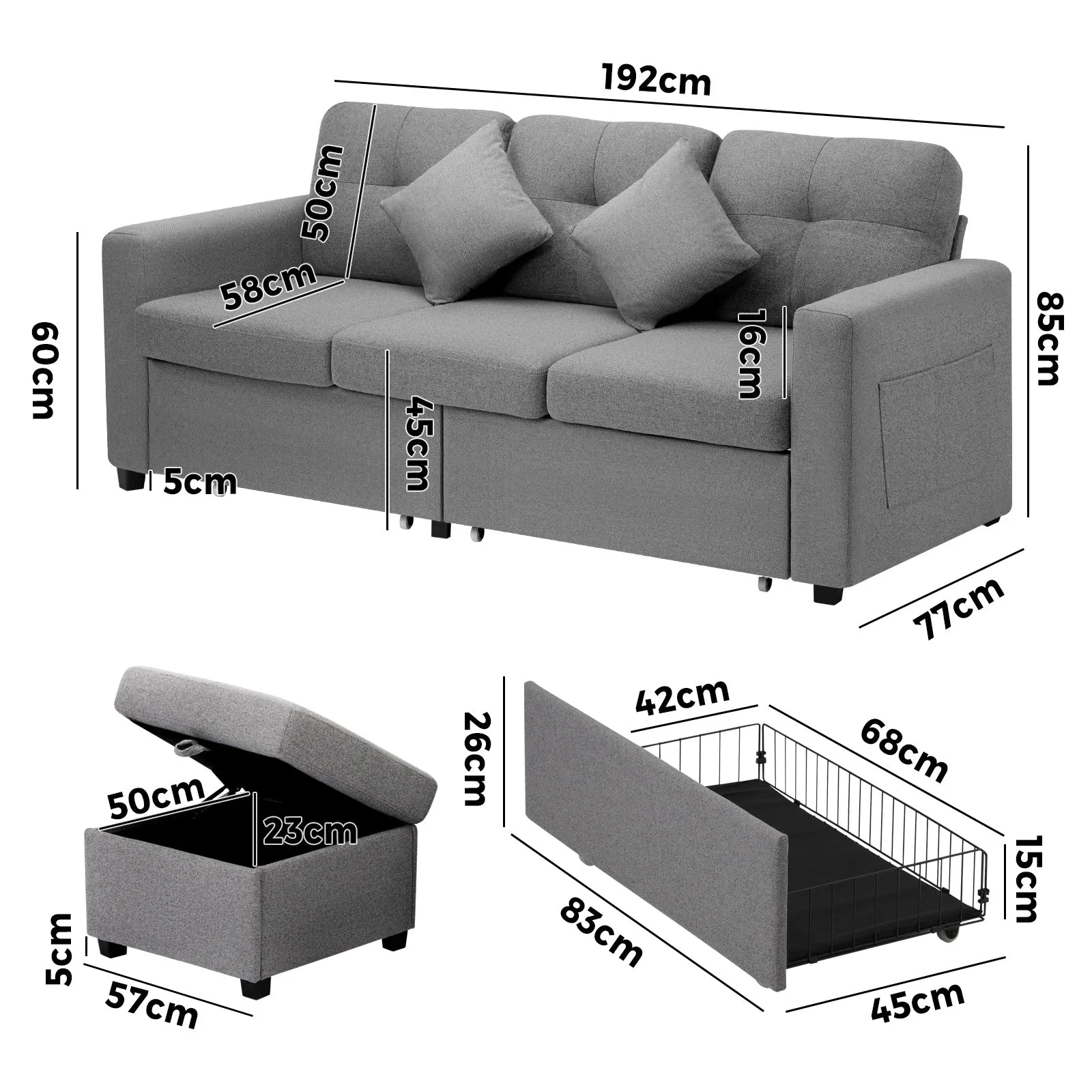 Oikiture Sofa Lounge Set 3 Seater Chaise Modular Couch Drawers Ottoman Fabric