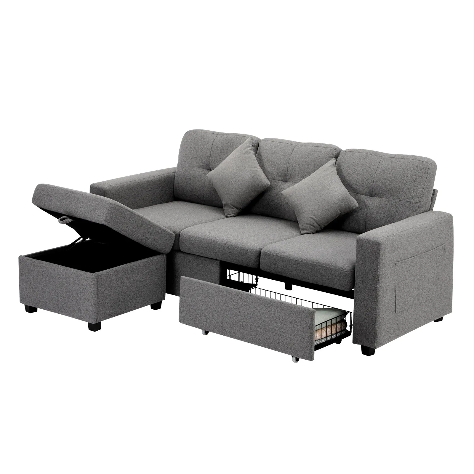 Oikiture Sofa Lounge Set 3 Seater Chaise Modular Couch Drawers Ottoman Fabric