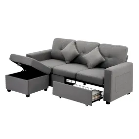 Oikiture Sofa Lounge Set 3 Seater Chaise Modular Couch Drawers Ottoman Fabric