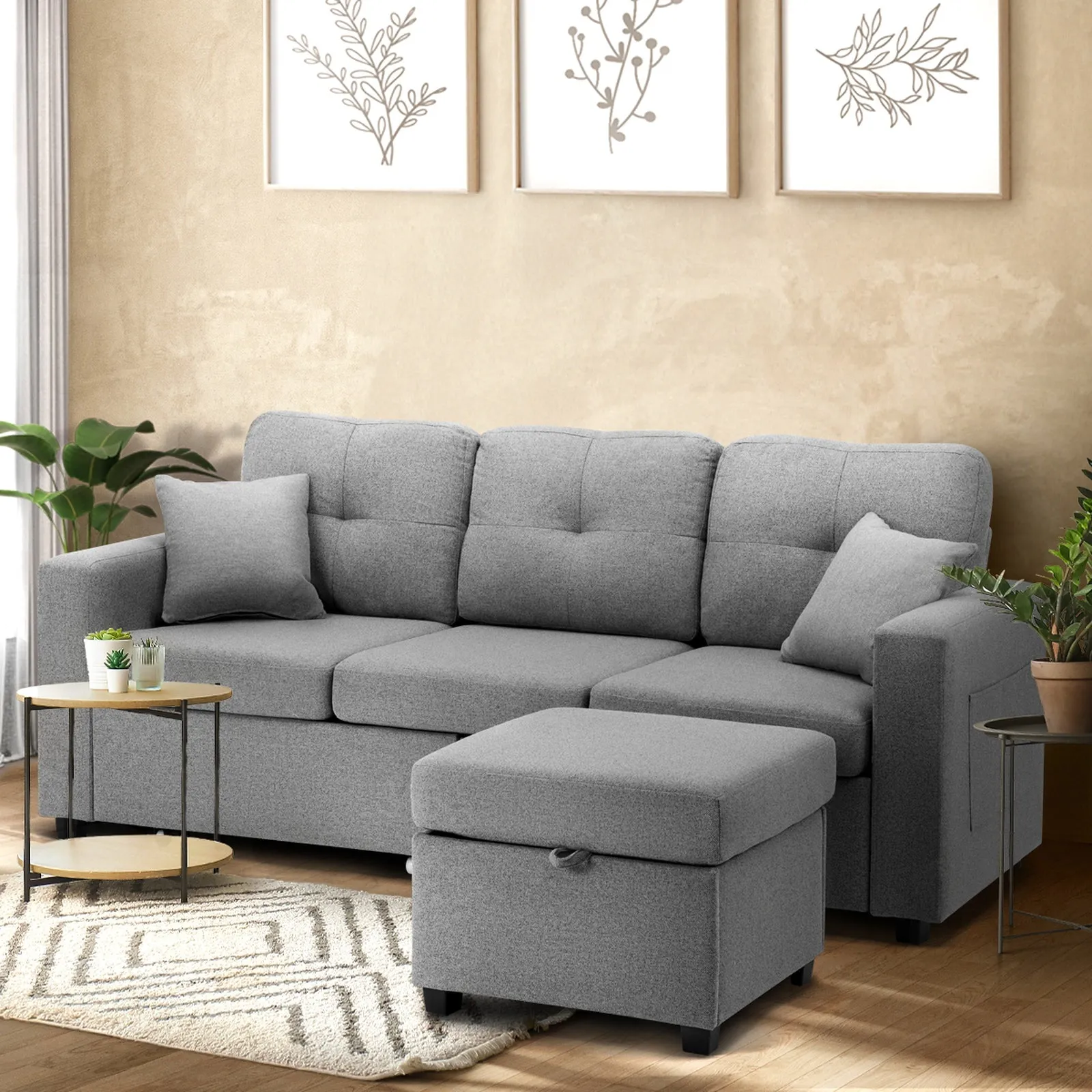 Oikiture Sofa Lounge Set 3 Seater Chaise Modular Couch Drawers Ottoman Fabric