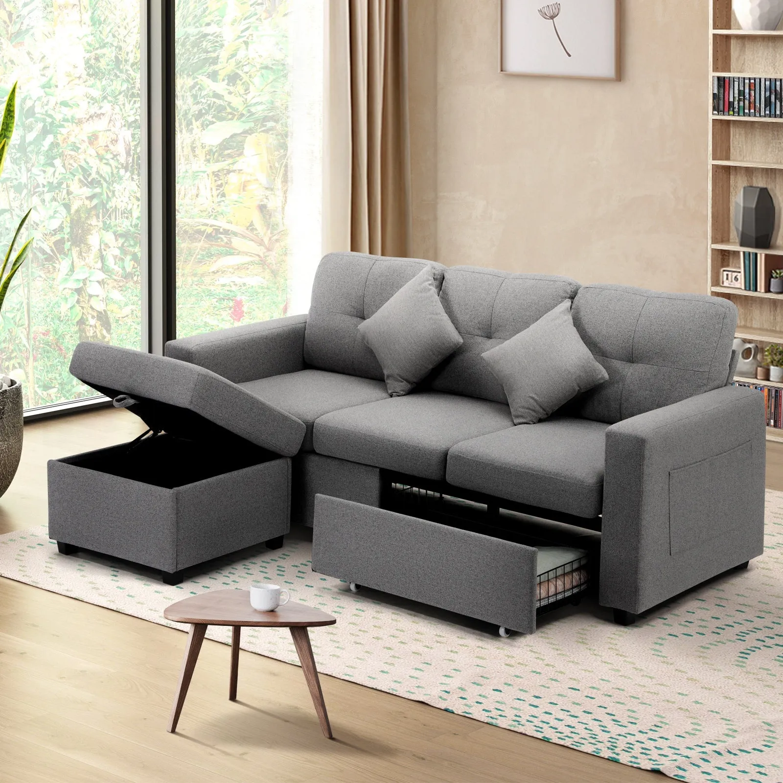 Oikiture Sofa Lounge Set 3 Seater Chaise Modular Couch Drawers Ottoman Fabric