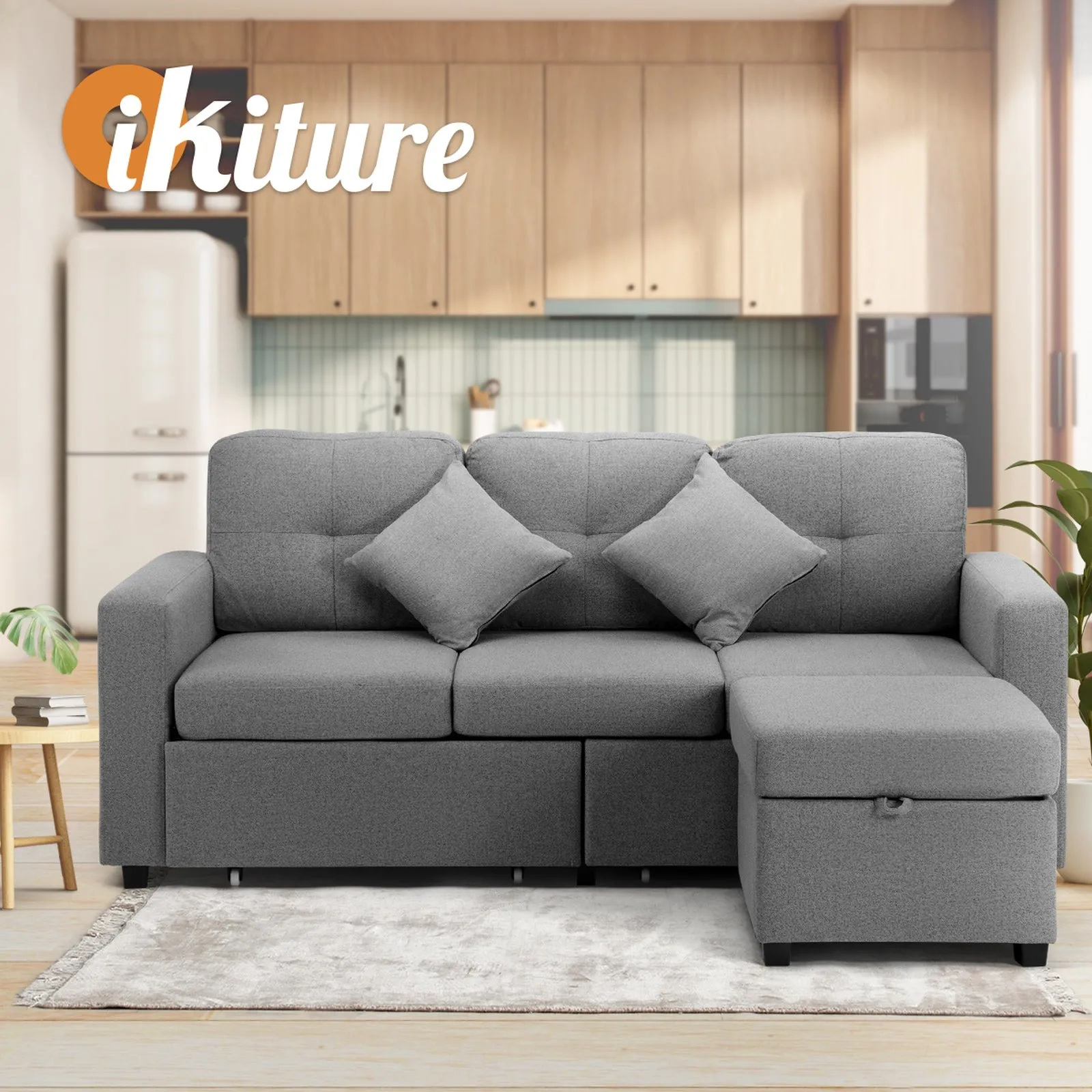 Oikiture Sofa Lounge Set 3 Seater Chaise Modular Couch Drawers Ottoman Fabric