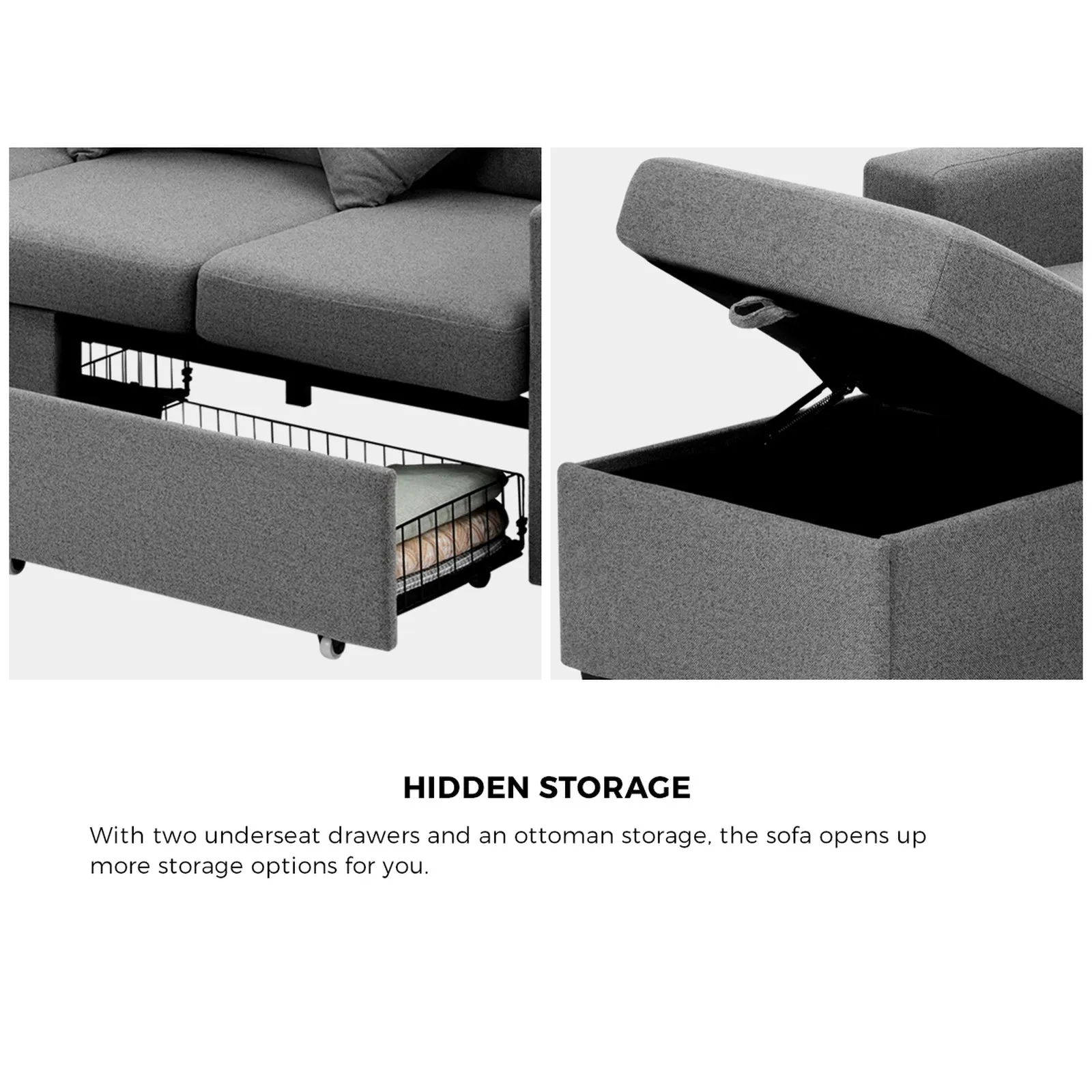 Oikiture Sofa Lounge Set 3 Seater Chaise Modular Couch Drawers Ottoman Fabric