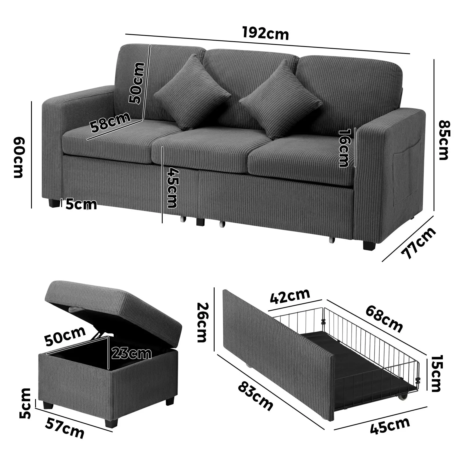 Oikiture Sofa Lounge Set Modular Couch 3 Seater Drawers Ottoman Storage Velvet