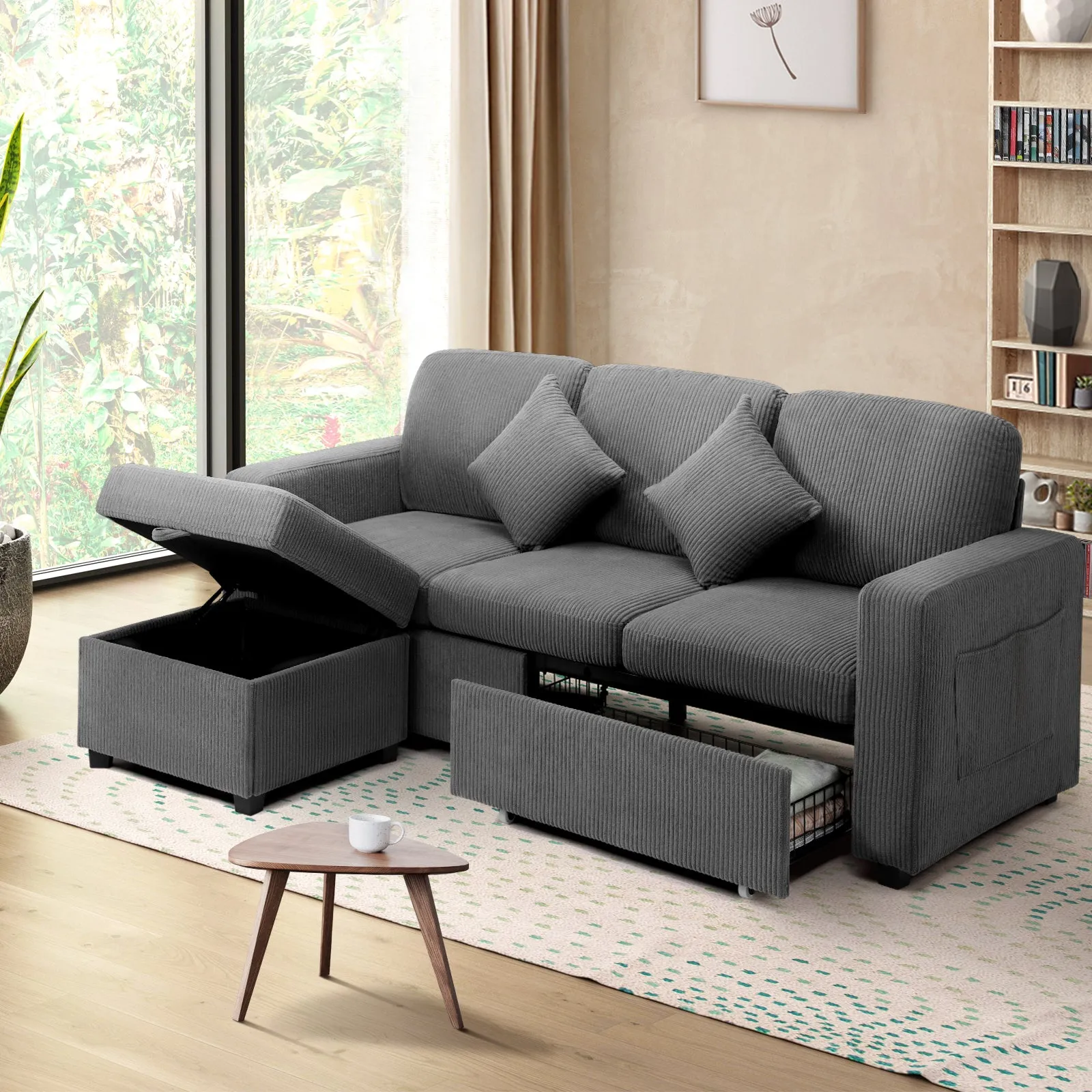 Oikiture Sofa Lounge Set Modular Couch 3 Seater Drawers Ottoman Storage Velvet