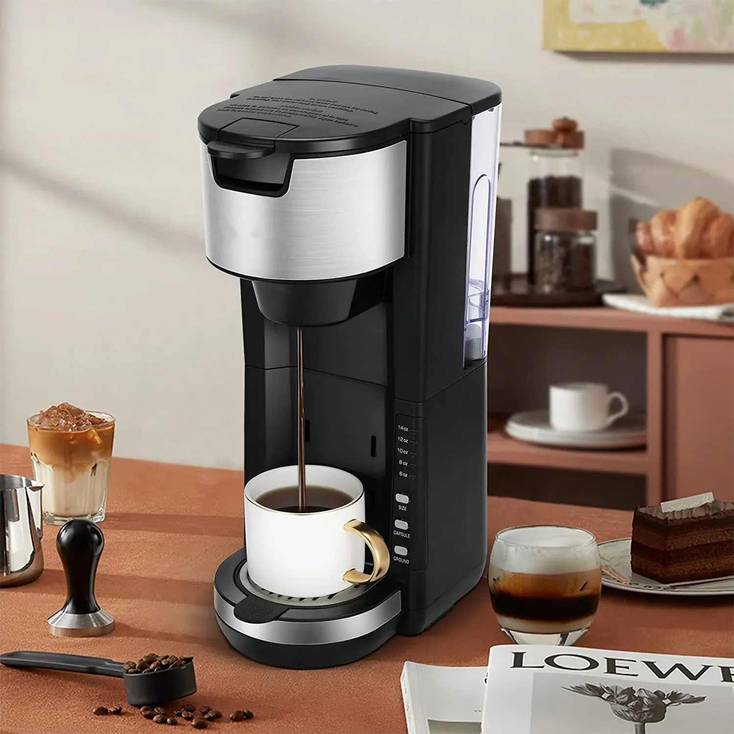 One-Touch Single Serve Coffee Maker for Capsule Pods Ground Coffee 30oz