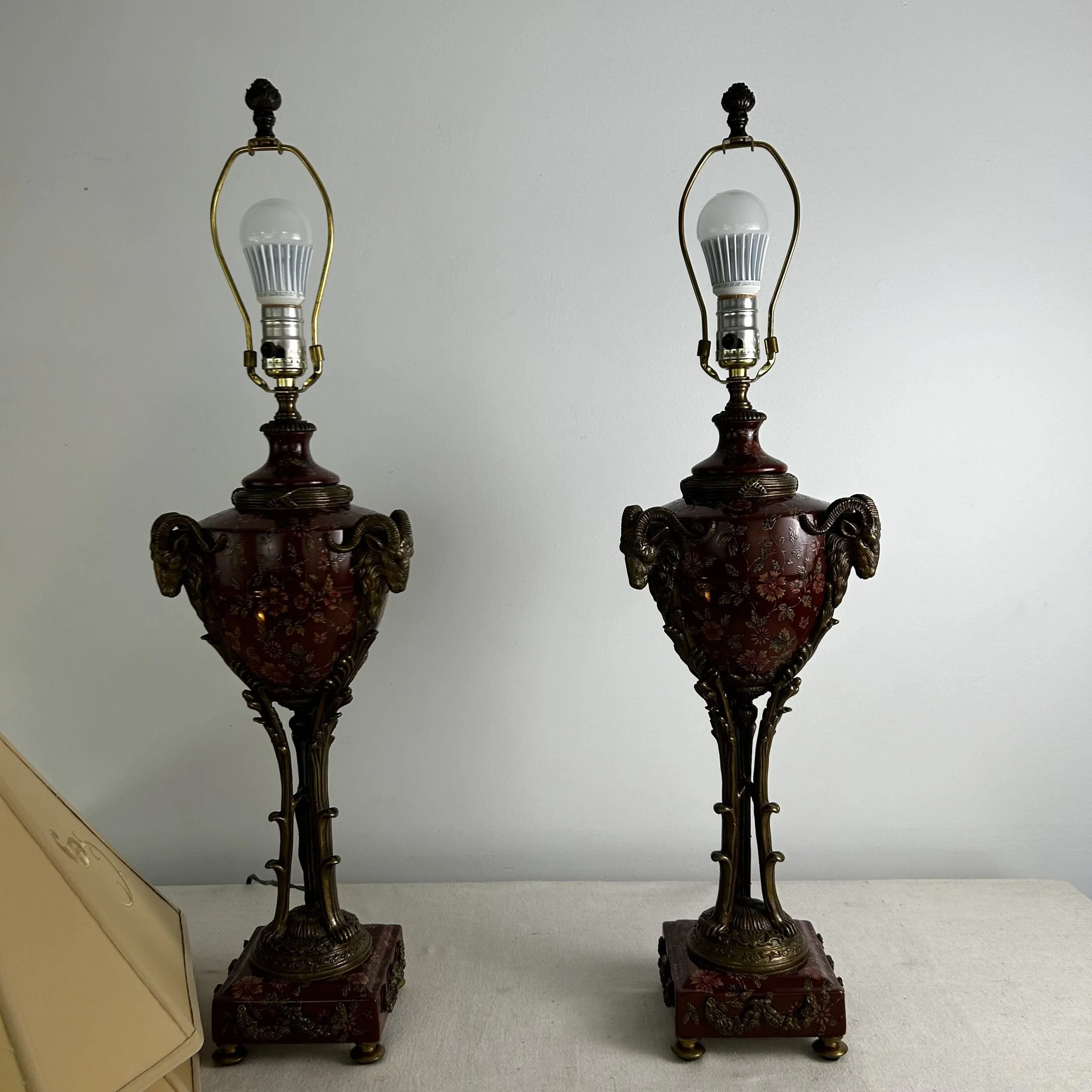 Pair of Vintage Castilian Urn Table Lamps with Brass and Porcelain Accents